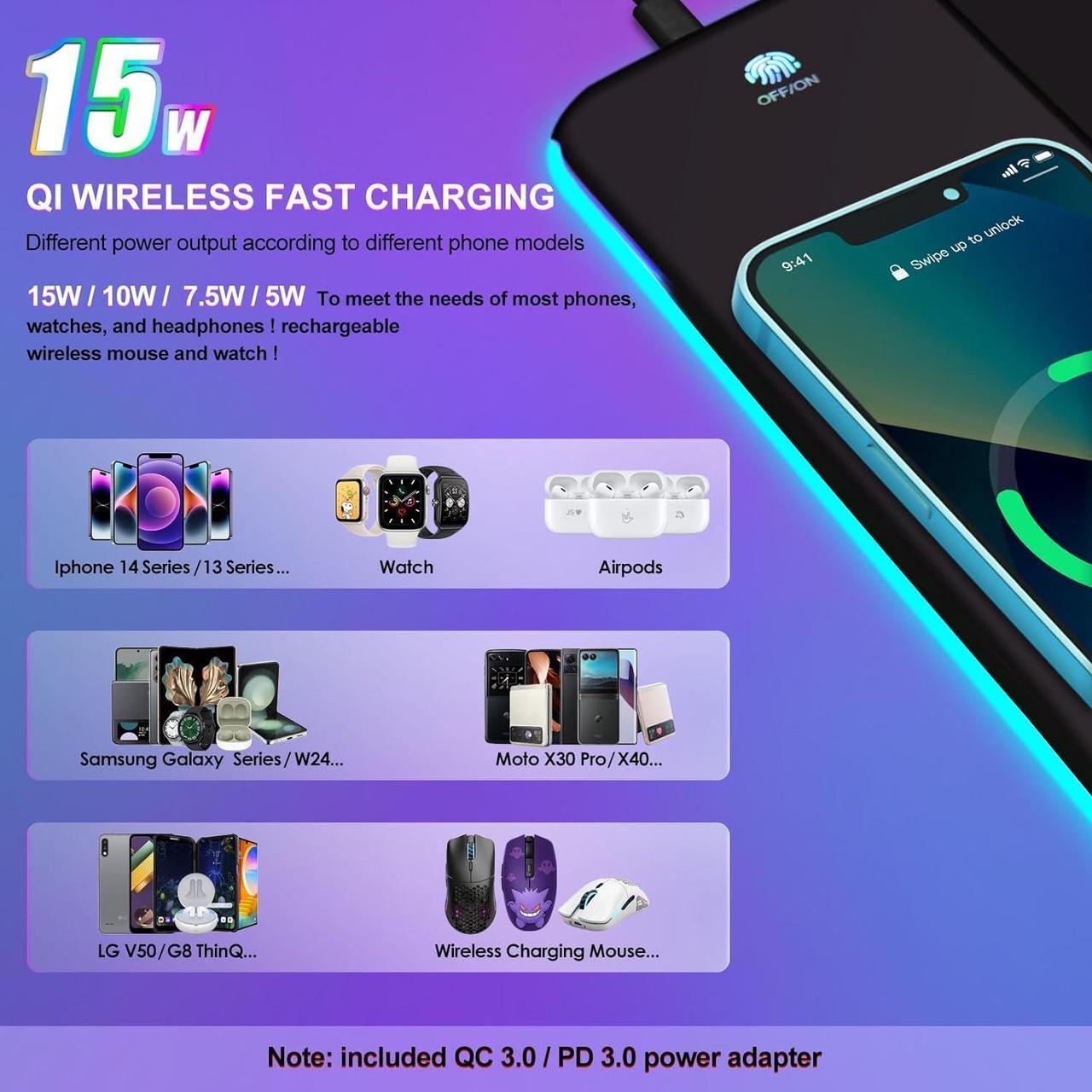 Alt view image 7 of 7 - Wireless Charging RGB Gaming Mouse Pad 15W LED Mouse Mat with 30W Charger 14 Light Modes Large Mousepad Wrist Support Non-Slip Rubber Base Desk Mat Computer PC Keyboard Pad XXL Cool Black