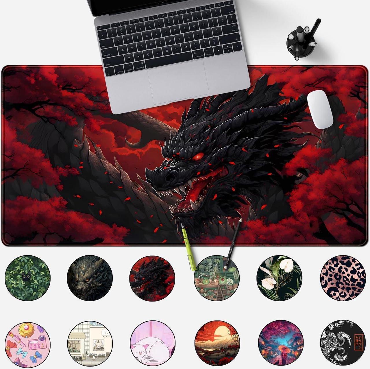 Alt view image 2 of 6 - Huge Dragon Large Mouse Pad Red and Black Mousepad Red Desk Mat Big Full Keyboard and Mouse Pad Cool Desk Pad for Keyboard Mouse with Stitched Edges Anti-Slip Funny Desk Pad 31.5 X 15.8 in.