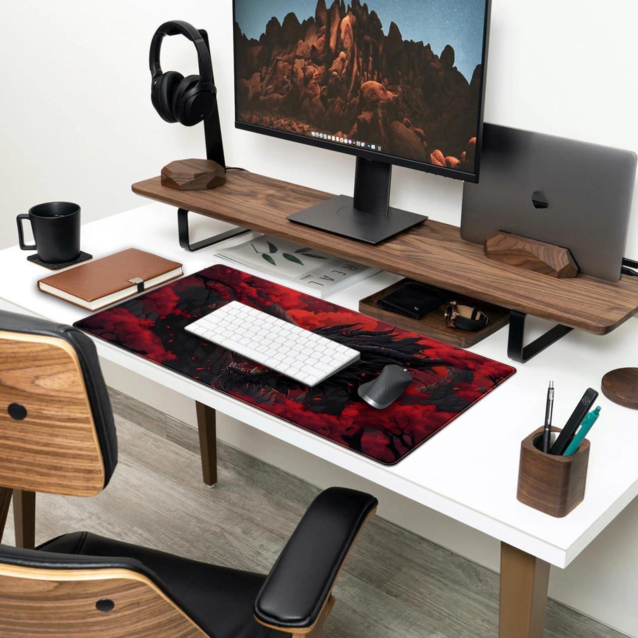 Alt view image 3 of 6 - Huge Dragon Large Mouse Pad Red and Black Mousepad Red Desk Mat Big Full Keyboard and Mouse Pad Cool Desk Pad for Keyboard Mouse with Stitched Edges Anti-Slip Funny Desk Pad 31.5 X 15.8 in.