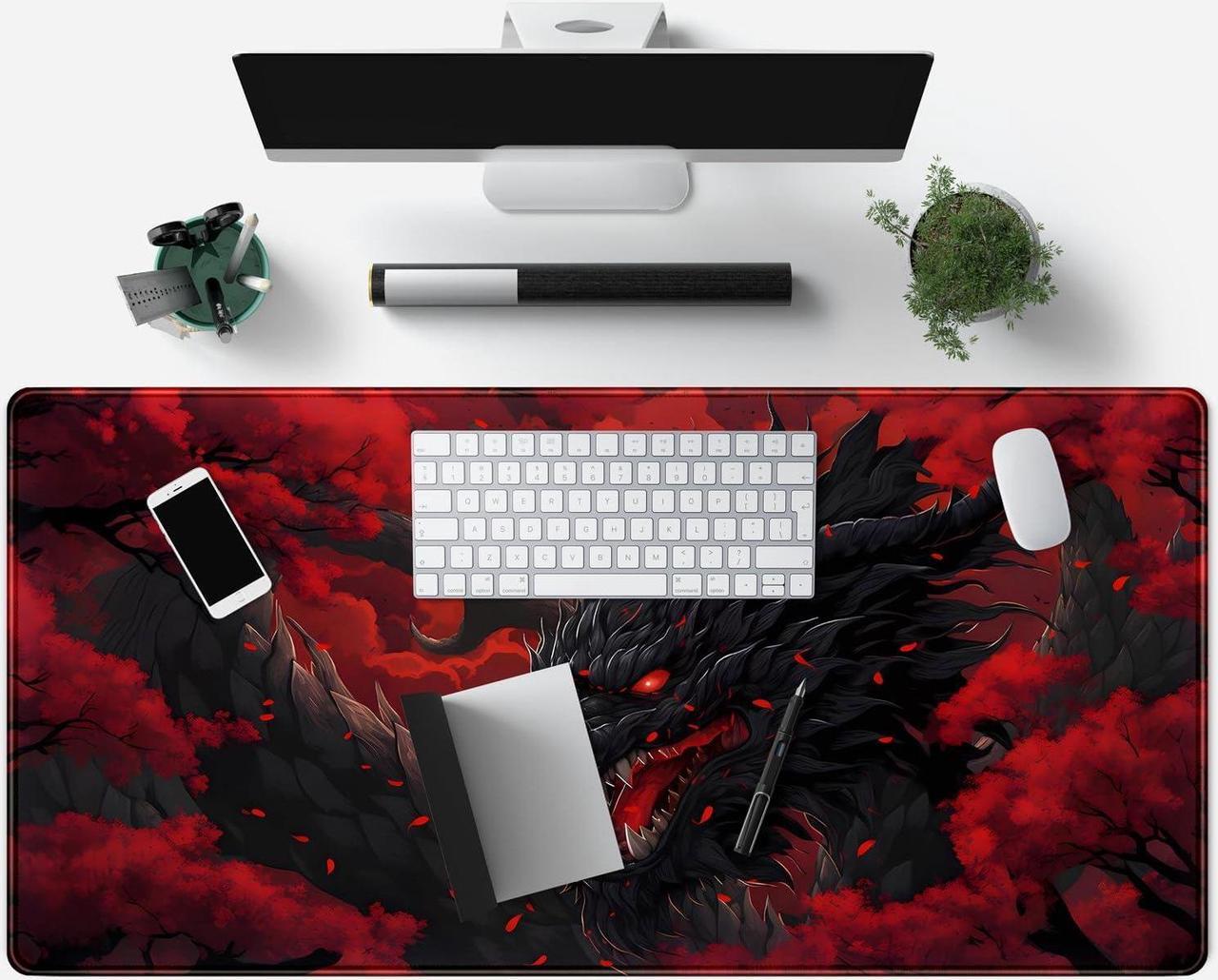 Alt view image 4 of 6 - Huge Dragon Large Mouse Pad Red and Black Mousepad Red Desk Mat Big Full Keyboard and Mouse Pad Cool Desk Pad for Keyboard Mouse with Stitched Edges Anti-Slip Funny Desk Pad 31.5 X 15.8 in.