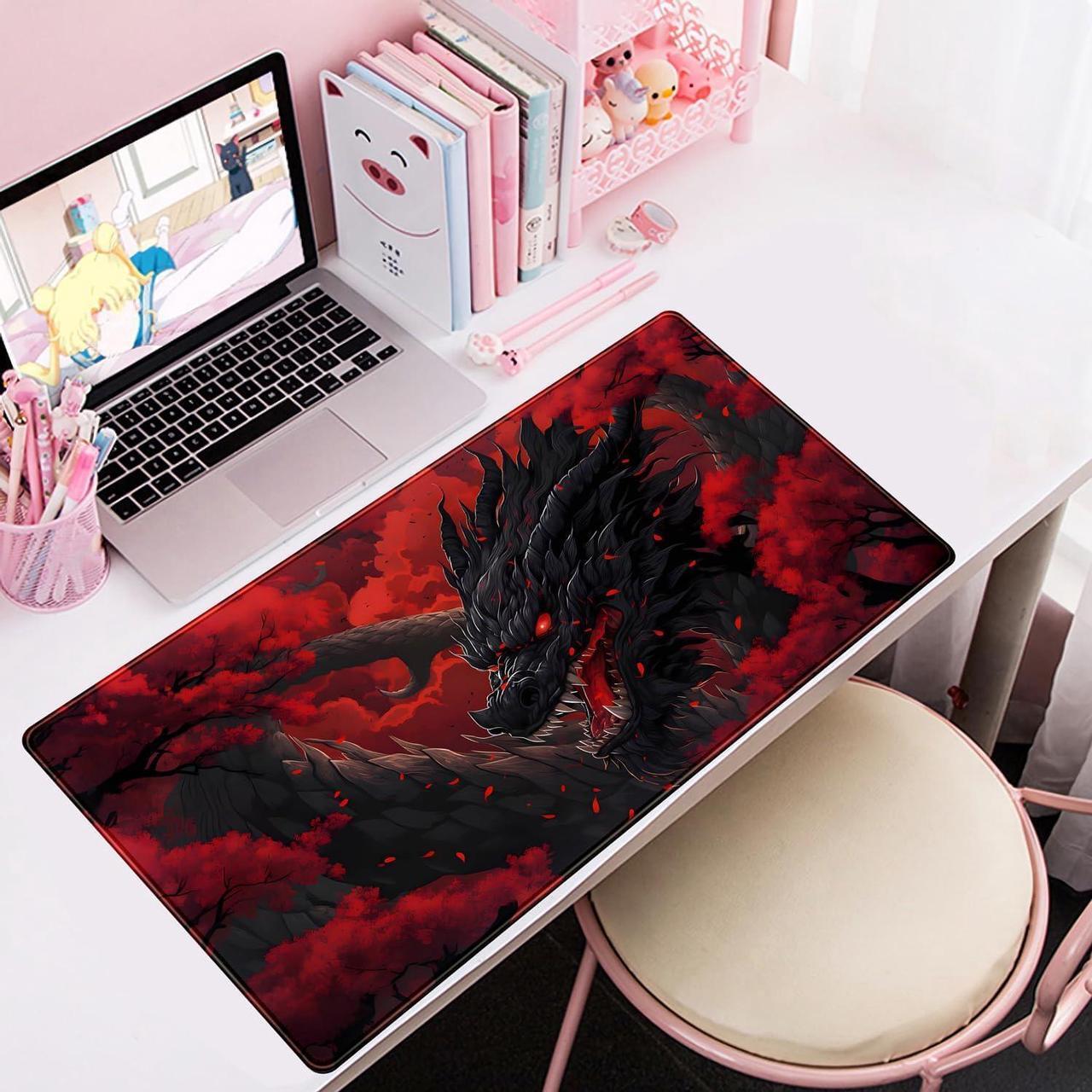 Alt view image 5 of 6 - Huge Dragon Large Mouse Pad Red and Black Mousepad Red Desk Mat Big Full Keyboard and Mouse Pad Cool Desk Pad for Keyboard Mouse with Stitched Edges Anti-Slip Funny Desk Pad 31.5 X 15.8 in.