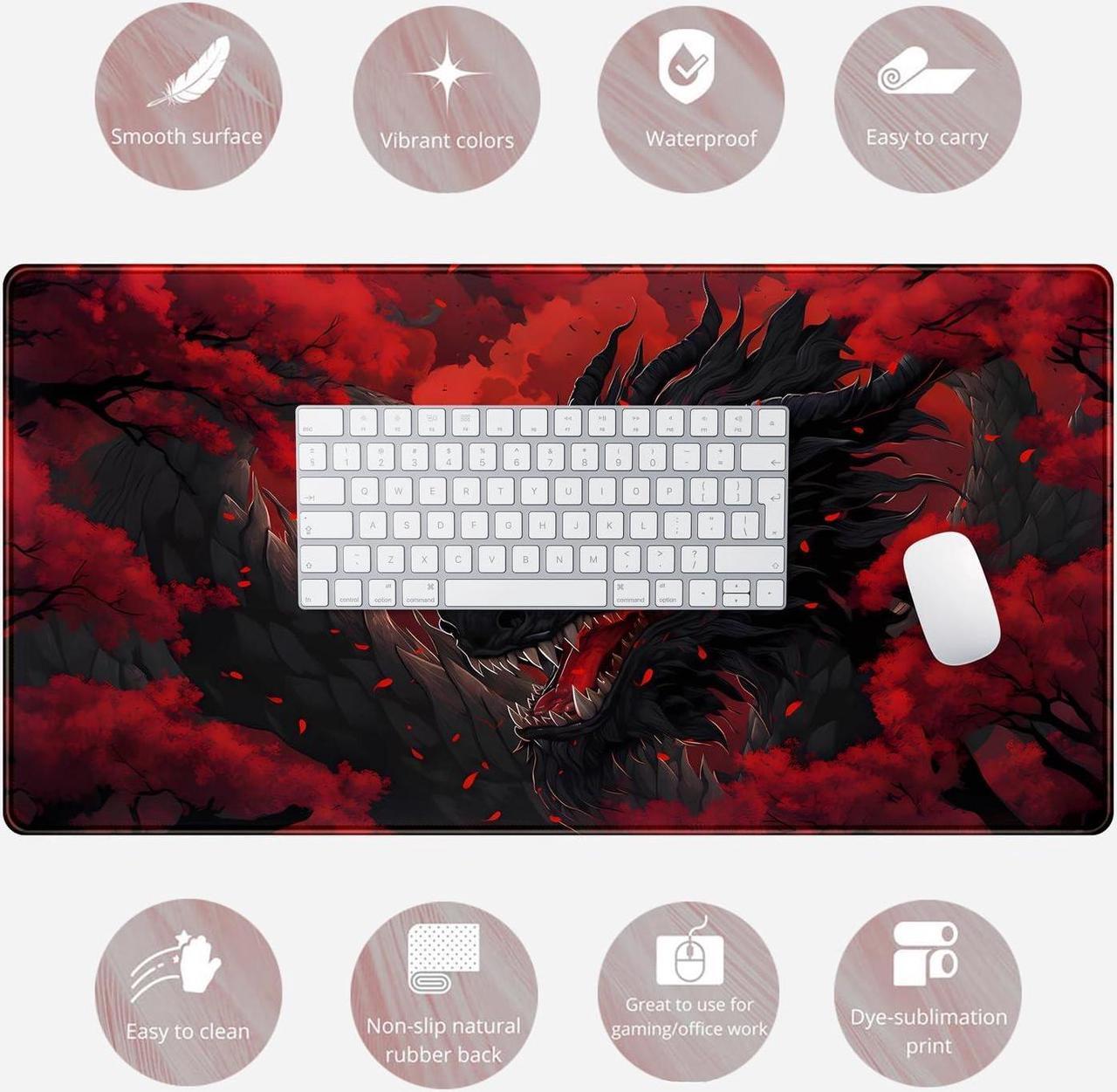 Alt view image 6 of 6 - Huge Dragon Large Mouse Pad Red and Black Mousepad Red Desk Mat Big Full Keyboard and Mouse Pad Cool Desk Pad for Keyboard Mouse with Stitched Edges Anti-Slip Funny Desk Pad 31.5 X 15.8 in.
