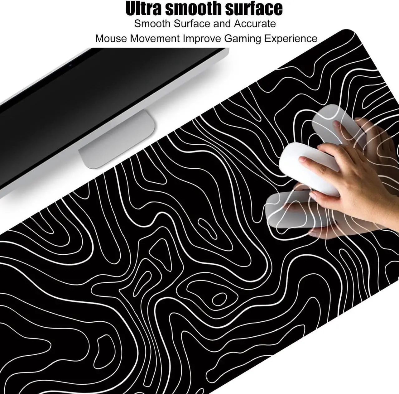 Alt view image 3 of 7 - Large Gaming TOPO Keyboard Mouse Pad Black and White Topographic Mouse Pad with Anti-Slip Rubber Base Extended XXL Long Gaming Mousepad Big Mouse Pads for Desk 31.5 X 11.8 Inch