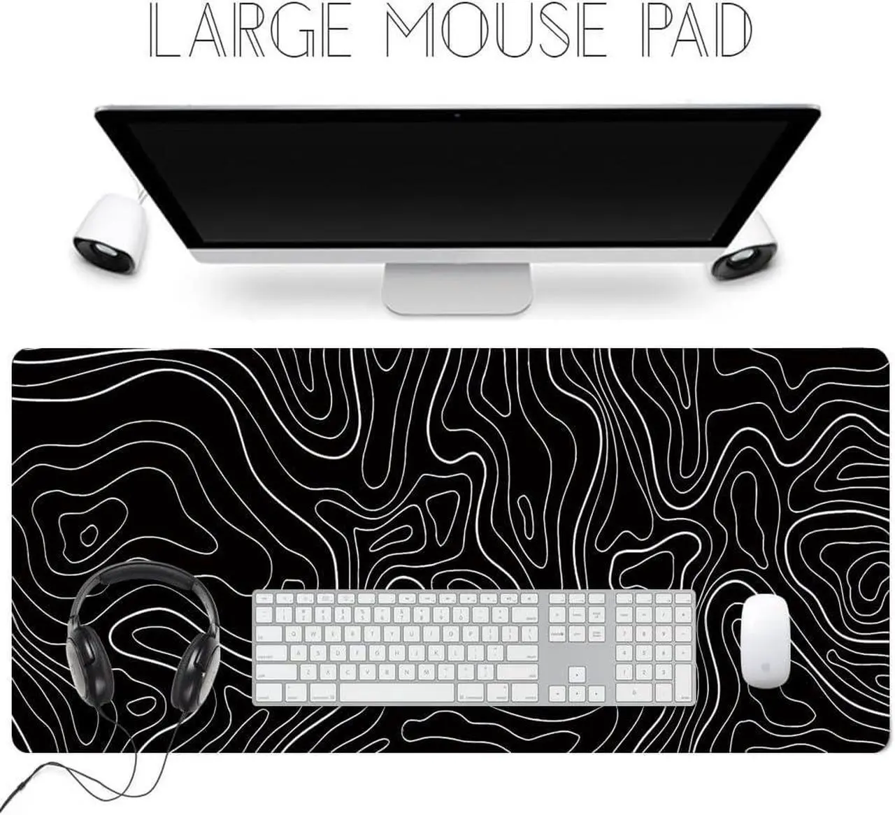 Alt view image 6 of 7 - Large Gaming TOPO Keyboard Mouse Pad Black and White Topographic Mouse Pad with Anti-Slip Rubber Base Extended XXL Long Gaming Mousepad Big Mouse Pads for Desk 31.5 X 11.8 Inch