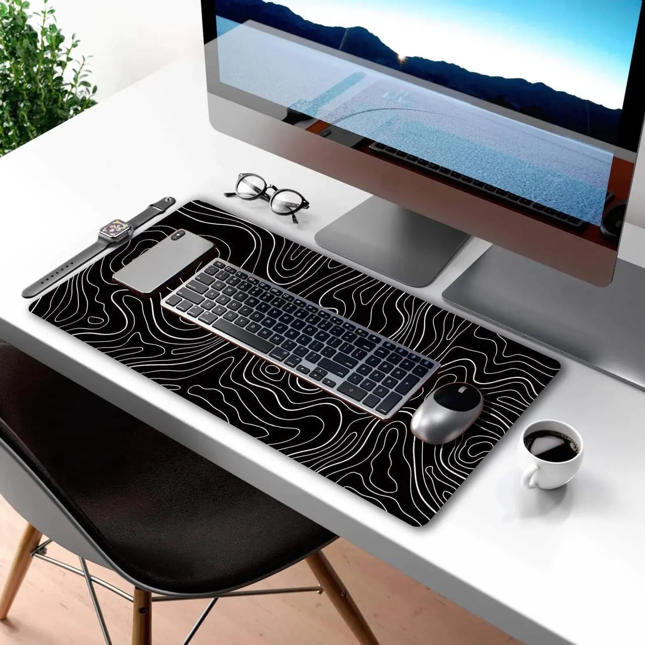 Alt view image 7 of 7 - Large Gaming TOPO Keyboard Mouse Pad Black and White Topographic Mouse Pad with Anti-Slip Rubber Base Extended XXL Long Gaming Mousepad Big Mouse Pads for Desk 31.5 X 11.8 Inch