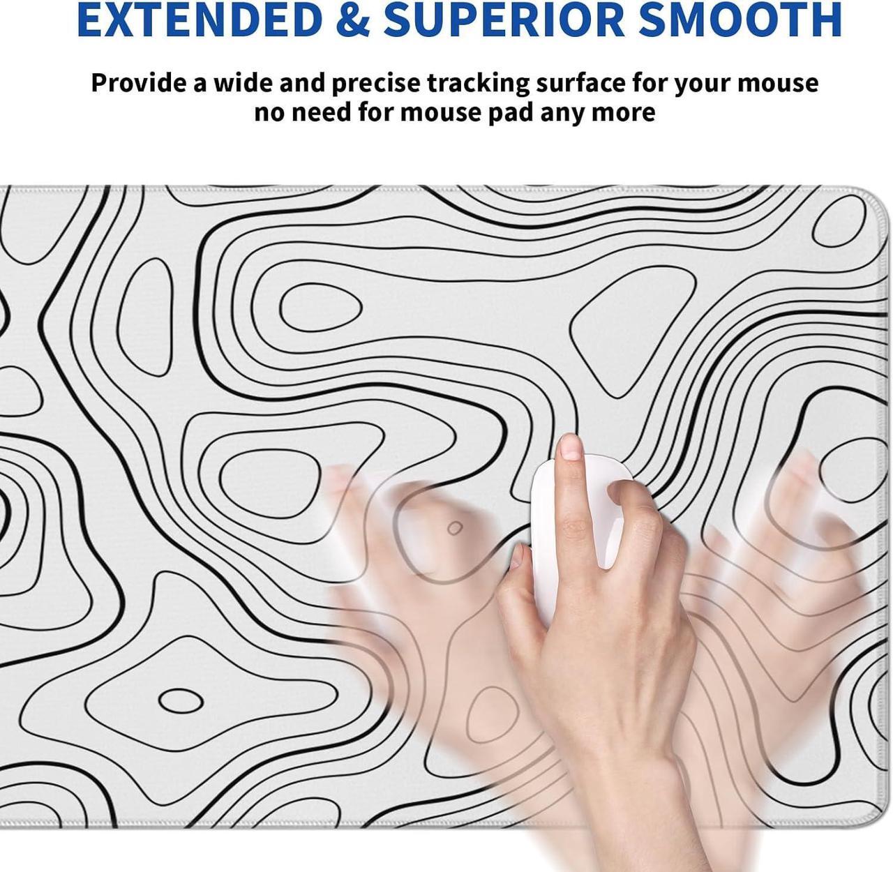 Alt view image 5 of 7 - Topographic Contour Gaming Mouse Pad White Large Mouse Pad for Keyboard and Mousepad Desk Mat with 3mm Non-Slip Base and Stitched Edge for Gaming and Office Computer Mat Protector Mat 31.5x11.8 Inch