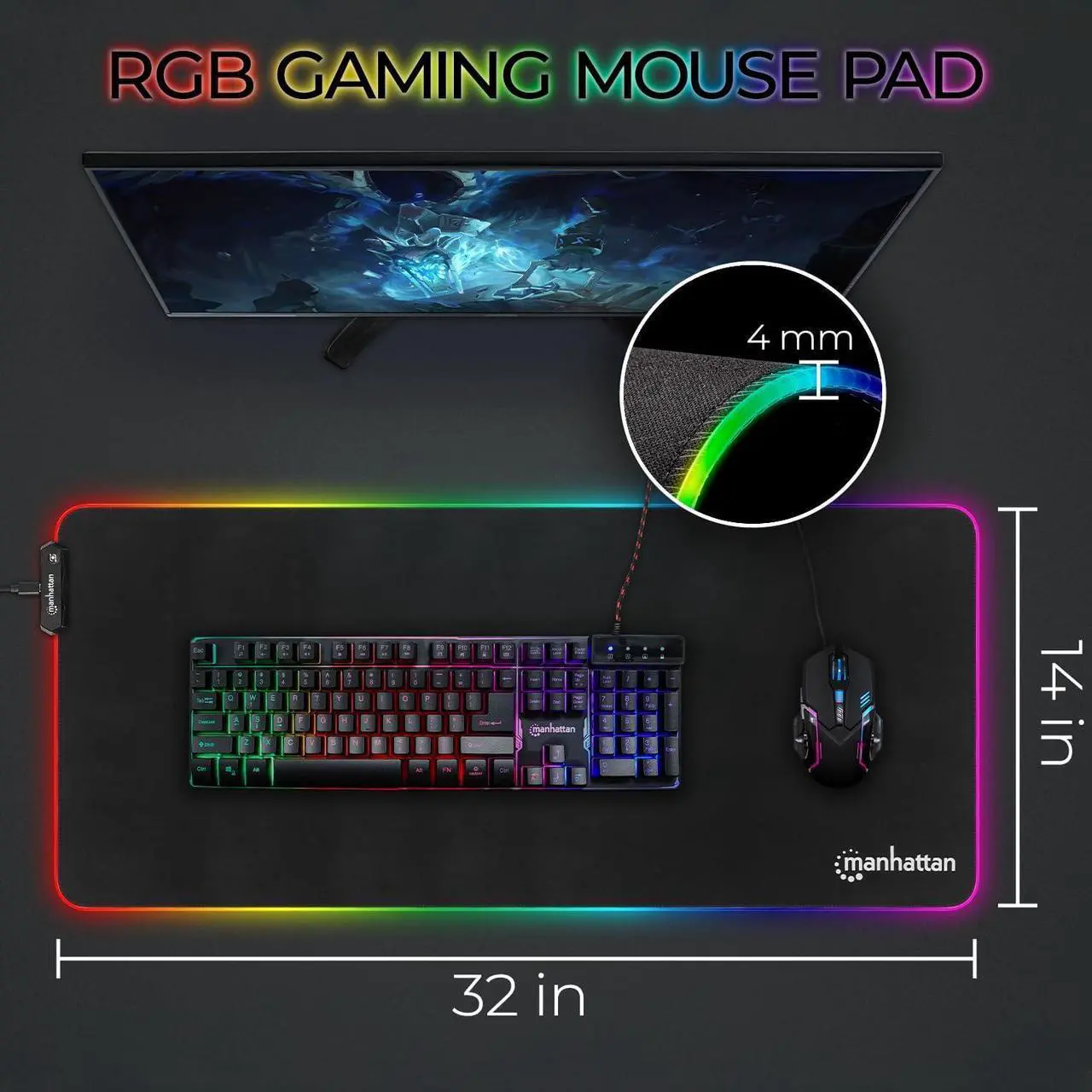 Alt view image 2 of 7 - Manhattan Products XXL RGB LED Gaming Mousepad - Extra Large Gaming Mousepad - XL Mouse Pad with Splash-Resistant Surface Rubber Base - Extended Keyboard Desk Mat - Gamer RGB Mousepad - 32x14