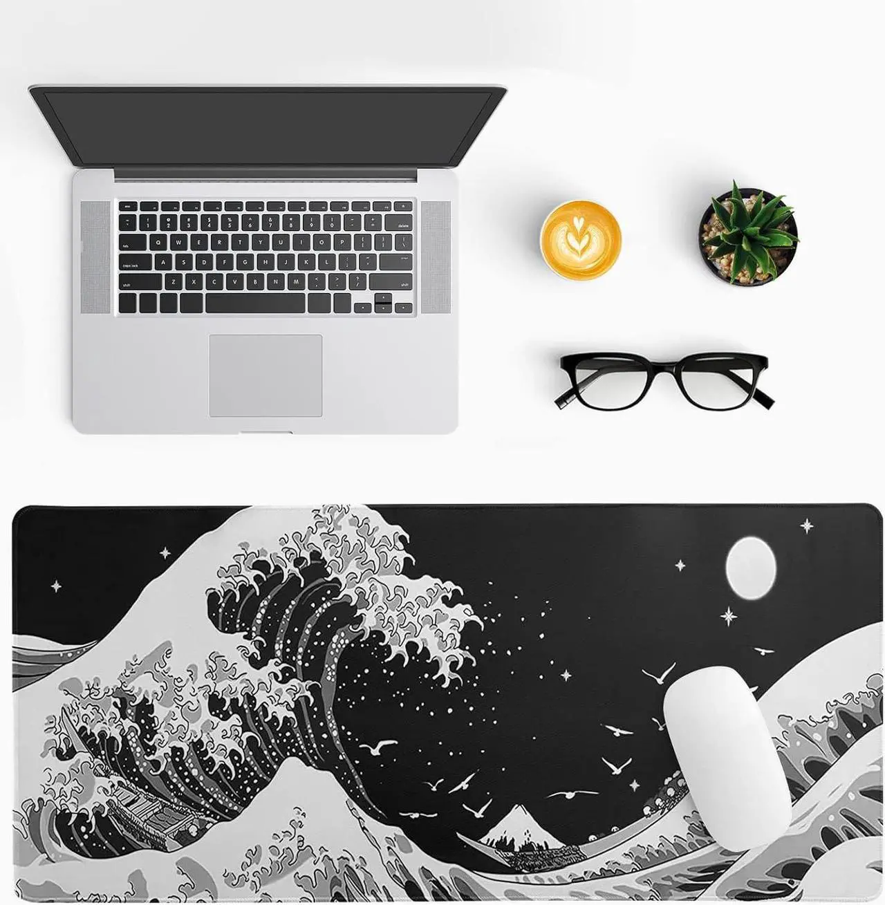 Alt view image 2 of 7 - Japanese Black Sea Wave Mouse Pad Abstract Black Gaming Mouse Pad 31.5x11.8 Inch Sea Wave Texture Non-Slip Rubber Base Wave Large Mousepad Stitched Edges Keyboard Mouse Mat Desk Pad for Office Home