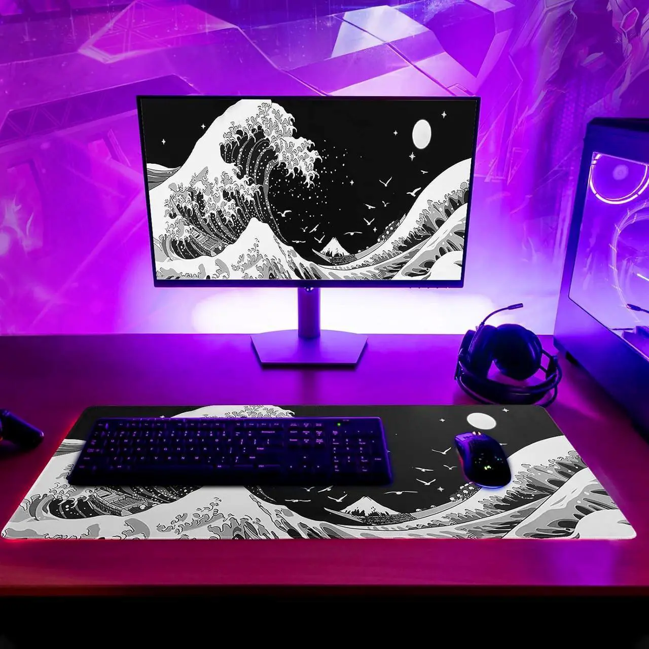 Alt view image 3 of 7 - Japanese Black Sea Wave Mouse Pad Abstract Black Gaming Mouse Pad 31.5x11.8 Inch Sea Wave Texture Non-Slip Rubber Base Wave Large Mousepad Stitched Edges Keyboard Mouse Mat Desk Pad for Office Home