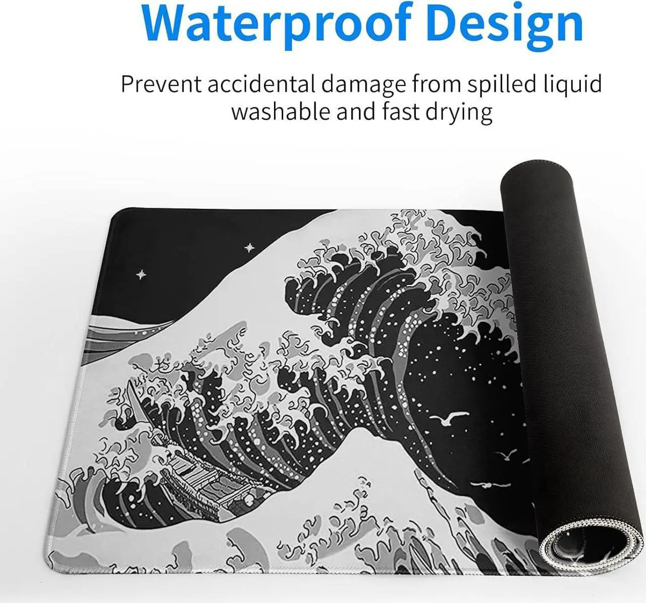 Alt view image 4 of 7 - Japanese Black Sea Wave Mouse Pad Abstract Black Gaming Mouse Pad 31.5x11.8 Inch Sea Wave Texture Non-Slip Rubber Base Wave Large Mousepad Stitched Edges Keyboard Mouse Mat Desk Pad for Office Home