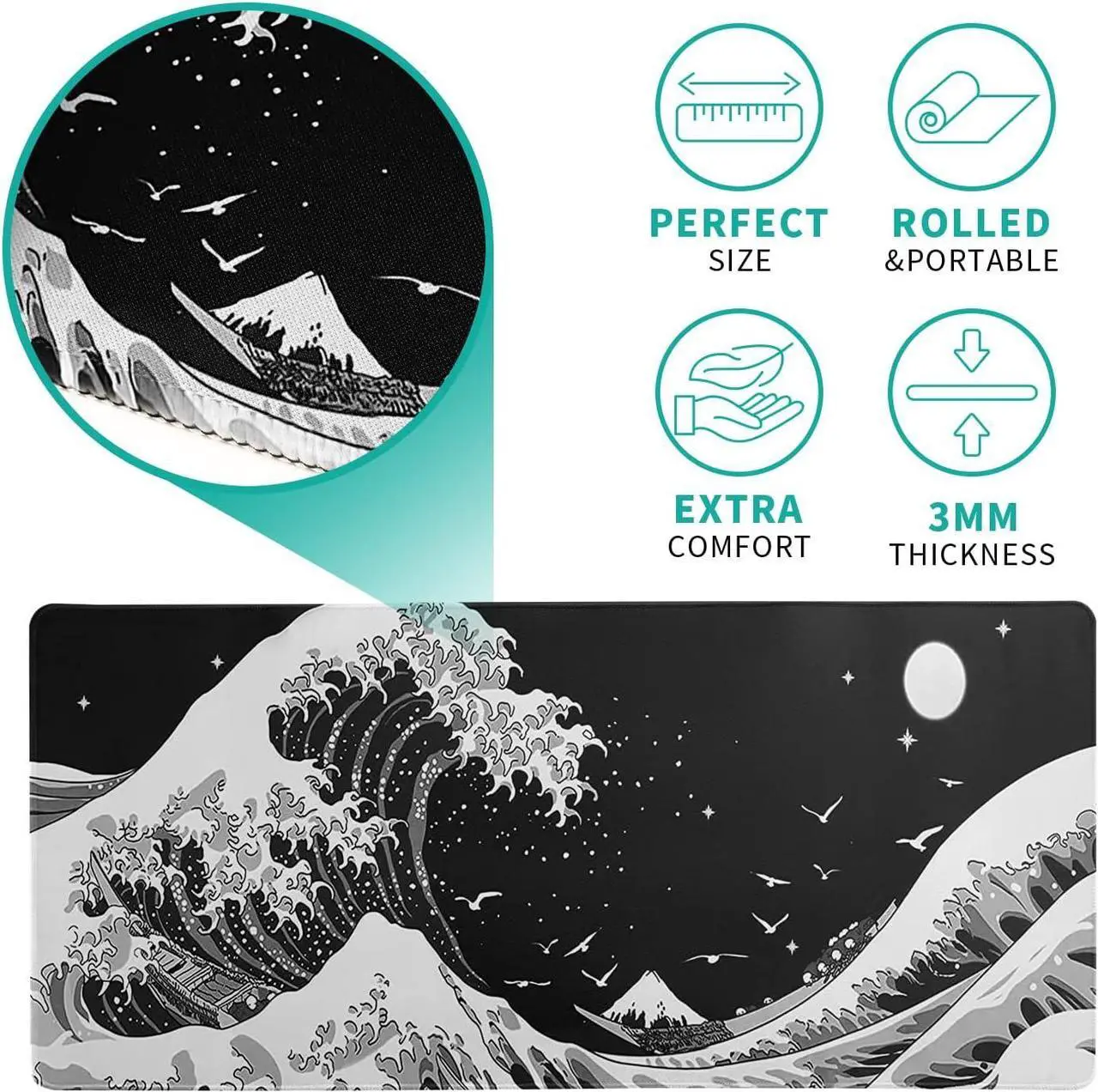 Alt view image 6 of 7 - Japanese Black Sea Wave Mouse Pad Abstract Black Gaming Mouse Pad 31.5x11.8 Inch Sea Wave Texture Non-Slip Rubber Base Wave Large Mousepad Stitched Edges Keyboard Mouse Mat Desk Pad for Office Home
