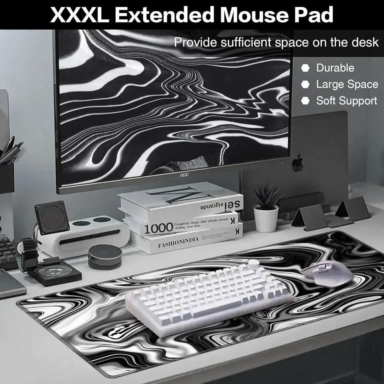 Alt view image 2 of 7 - Gaming Mouse Pad Large Mouse Pad XXL 35.4×15.7in Extended Computer Keyboard Mouse Mat Desk Pad for Laptop with Stitched Edges Waterproof Mousepad for Gamer Home&Office (Fluid - Black & White)