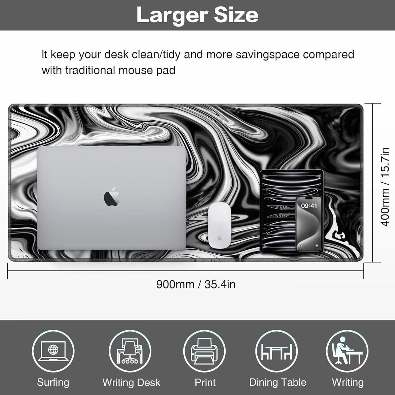 Alt view image 6 of 7 - Gaming Mouse Pad Large Mouse Pad XXL 35.4×15.7in Extended Computer Keyboard Mouse Mat Desk Pad for Laptop with Stitched Edges Waterproof Mousepad for Gamer Home&Office (Fluid - Black & White)