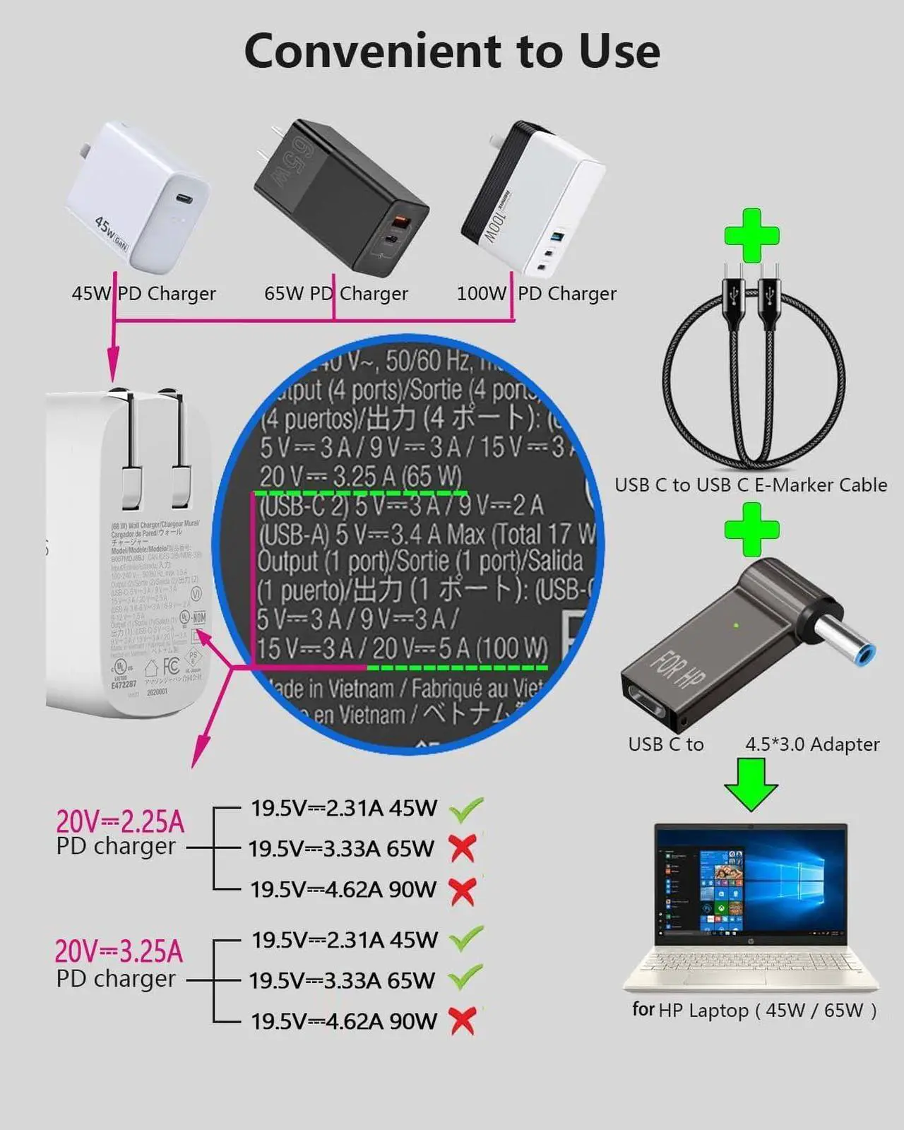 Alt view image 5 of 7 - USB C to 4.5mm Laptop Charging Female Type C to Male DC 4.5 x 3.0mm Jack Plug Converter 100W PD Power Charger Connector Tip for Probook Notebook Elitebook f211wm f233wm Envy 17 13 15 HP 45W/65W laptop