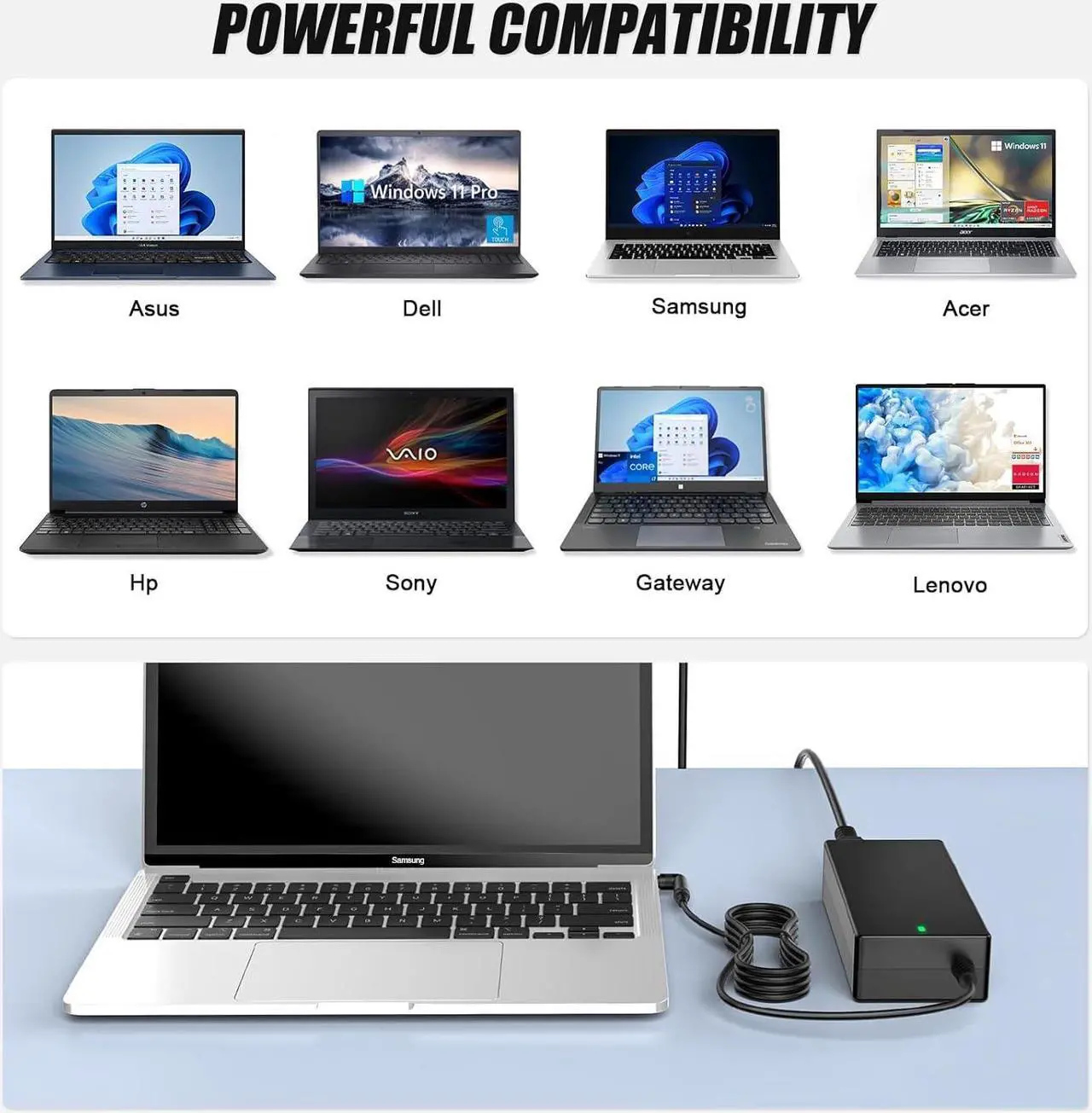Alt view image 2 of 7 - Universal Laptop Charger 90W AC Adapter for Chromebook Hp    Toshiba   Sony Notebook 15V 16V 18.5V 19V 19.5V 20V DC Power Supply Cord