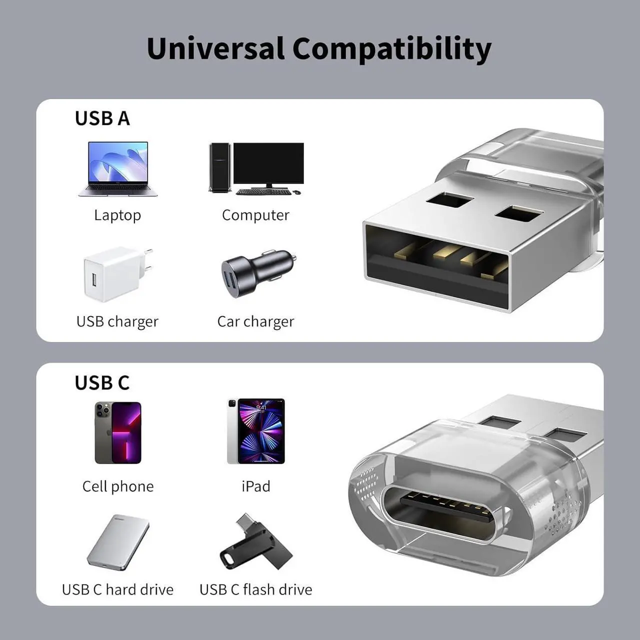 Alt view image 2 of 7 - 10 Pack USB to USB C Adapter USB C Female to A Male Charger Converter Compatible with Apple Watch iPhone 15 14 13 12 Pro Max Plus Note iPad 9 10 Air 5 Mini 6 Galaxy Pixel and etc.(Clear)