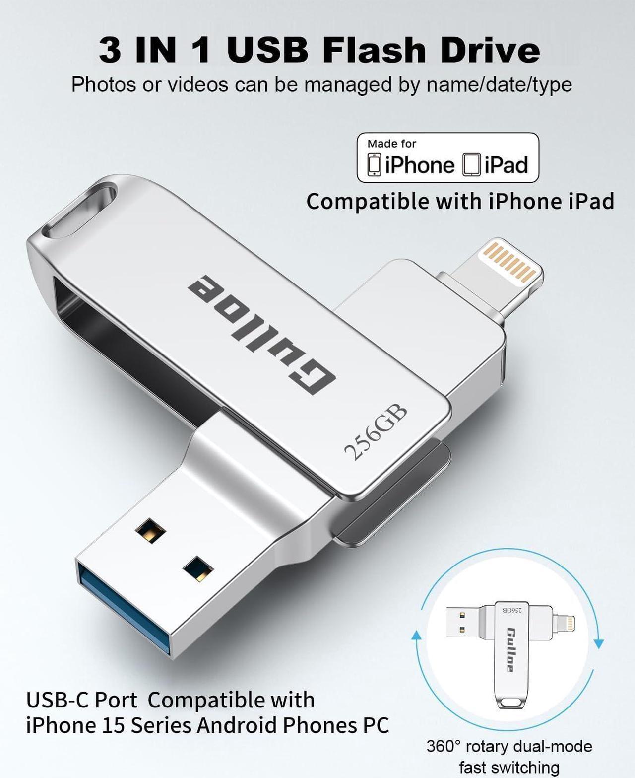 Alt view image 2 of 7 - 256GB USB Flash Drive Intended for iPhone with OTG USB C Adapter for iPhone 15 Memory Stick Storage for Photos and Videos Backup Compatible with iPhone iPad Android PC (Metal Silver)