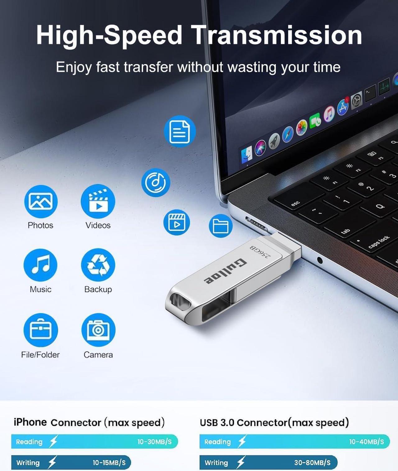 Alt view image 3 of 7 - 256GB USB Flash Drive Intended for iPhone with OTG USB C Adapter for iPhone 15 Memory Stick Storage for Photos and Videos Backup Compatible with iPhone iPad Android PC (Metal Silver)