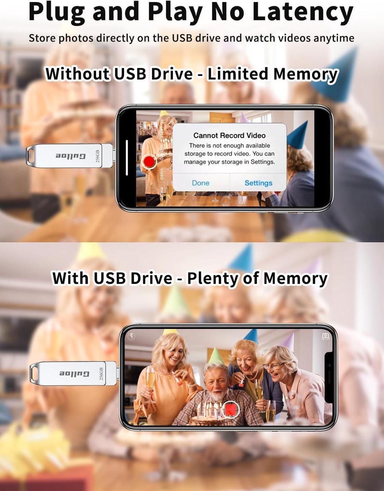 Alt view image 4 of 7 - 256GB USB Flash Drive Intended for iPhone with OTG USB C Adapter for iPhone 15 Memory Stick Storage for Photos and Videos Backup Compatible with iPhone iPad Android PC (Metal Silver)