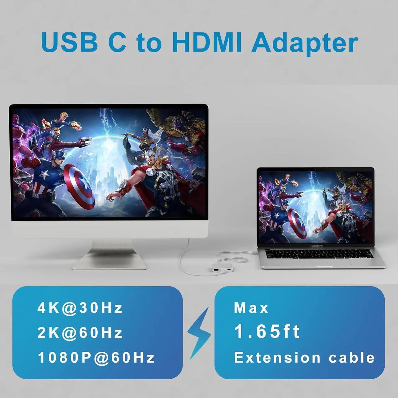 Alt view image 3 of 7 - USB-C to 4K HDMI Digital AV Adapter for MacBook Pro/Air USB 3.0 5Gbps Date Transfer &100W PD & 50cm Braided Cable Compatible for Mac Pro Air M1 M2 iMac and Other Type C Devices