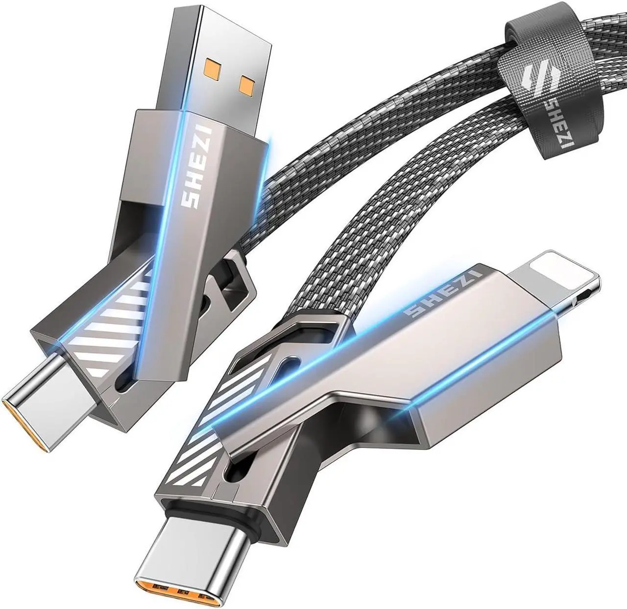 Main image of [Upgraded 2.0] 4-in-1 USB C Cable 60W 5FT Lightning Cable Fast Charging [480Mbps Data Sync] Flat Nylon Braided Charger Cord Combo with Lightning/USB C/USB A Port for iPhone iPad & Most Devices