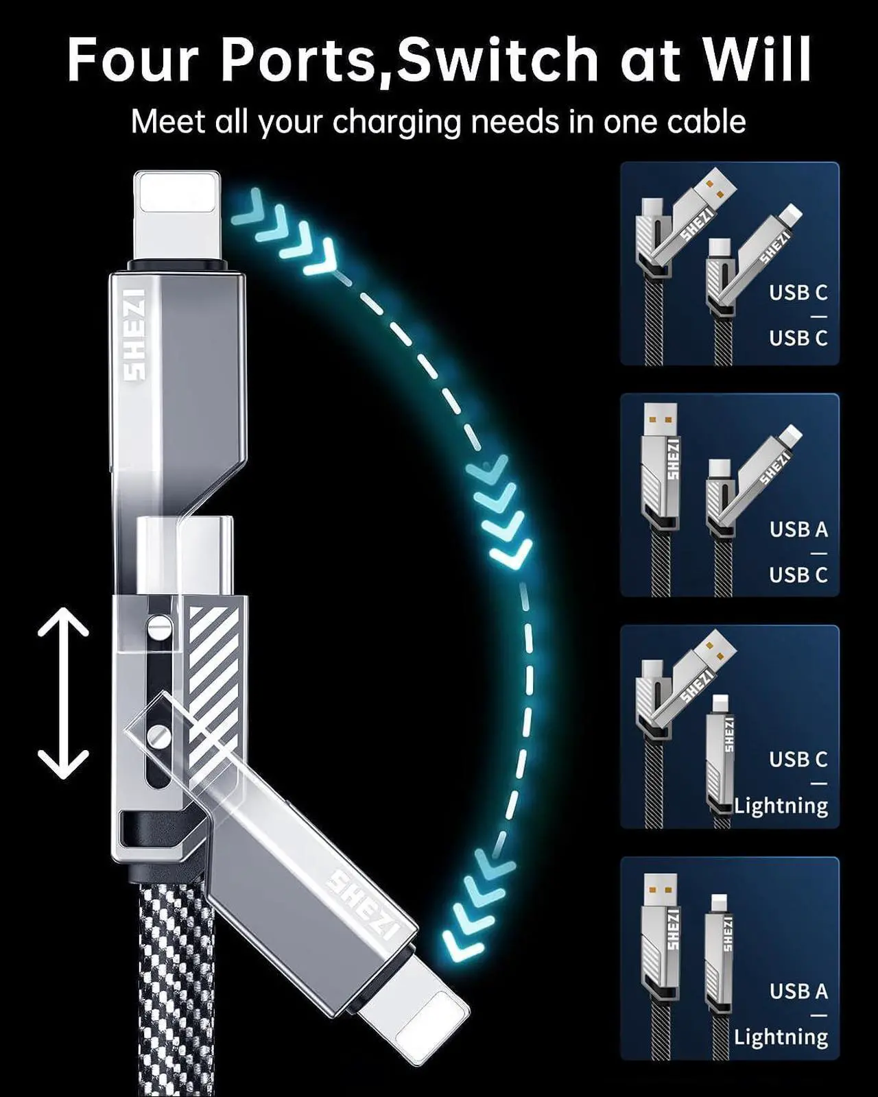 Alt view image 2 of 7 - [Upgraded 2.0] 4-in-1 USB C Cable 60W 5FT Lightning Cable Fast Charging [480Mbps Data Sync] Flat Nylon Braided Charger Cord Combo with Lightning/USB C/USB A Port for iPhone iPad & Most Devices