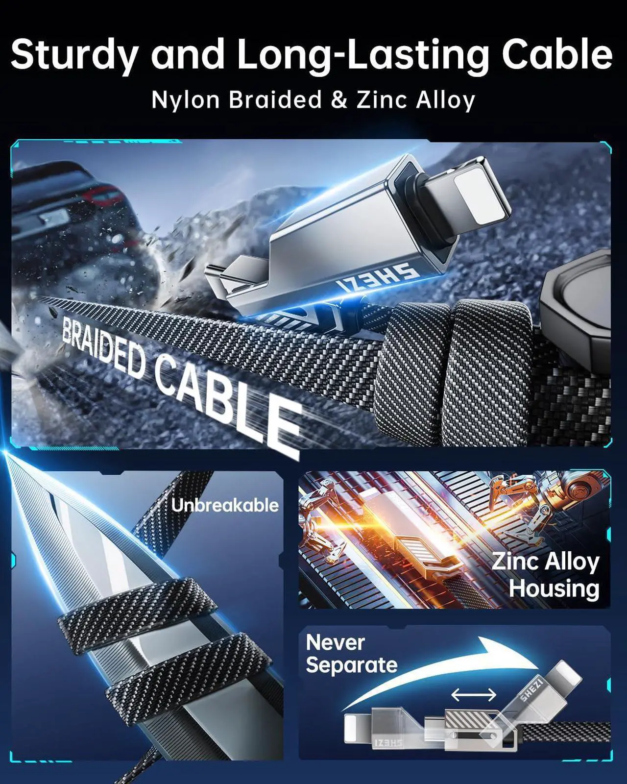 Alt view image 5 of 7 - [Upgraded 2.0] 4-in-1 USB C Cable 60W 5FT Lightning Cable Fast Charging [480Mbps Data Sync] Flat Nylon Braided Charger Cord Combo with Lightning/USB C/USB A Port for iPhone iPad & Most Devices