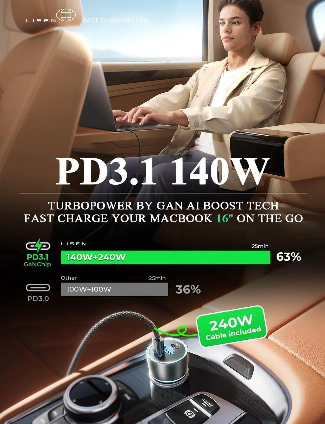 Alt view image 4 of 7 - 170W Car Charger USB C for iPhone 16 Pro Max [GaN]PD3.1 140W+PD30W USBC Super Fast Car Charger Adapter USB C Type Fast Charging for iPhone 15 Pro Max Plus Laptop Macbook iPad  Galaxy S24