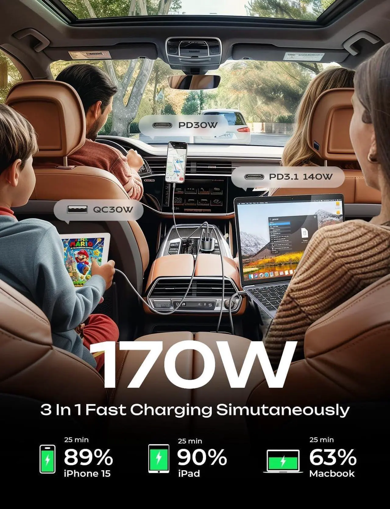 Alt view image 5 of 7 - 170W Car Charger USB C for iPhone 16 Pro Max [GaN]PD3.1 140W+PD30W USBC Super Fast Car Charger Adapter USB C Type Fast Charging for iPhone 15 Pro Max Plus Laptop Macbook iPad  Galaxy S24