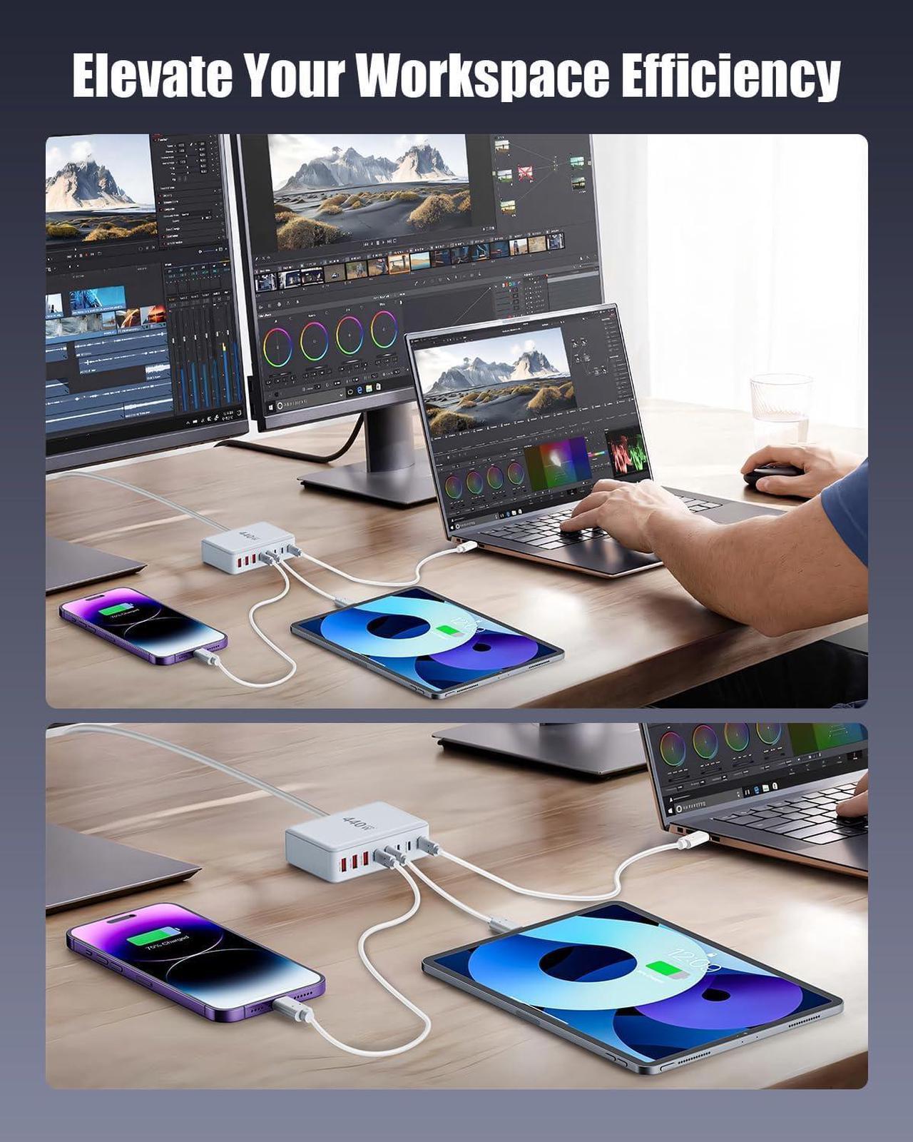 Alt view image 7 of 7 - USB C Charger Block 440W Charging Station Hub,8 Port GaN III Fast Charging Brick with 5ft Extension Cord,PD QC PPS 100W Laptop Power Adapter for MacBook Pro/Air,iPhone 16/15,Samsung Galaxy,Dell etc