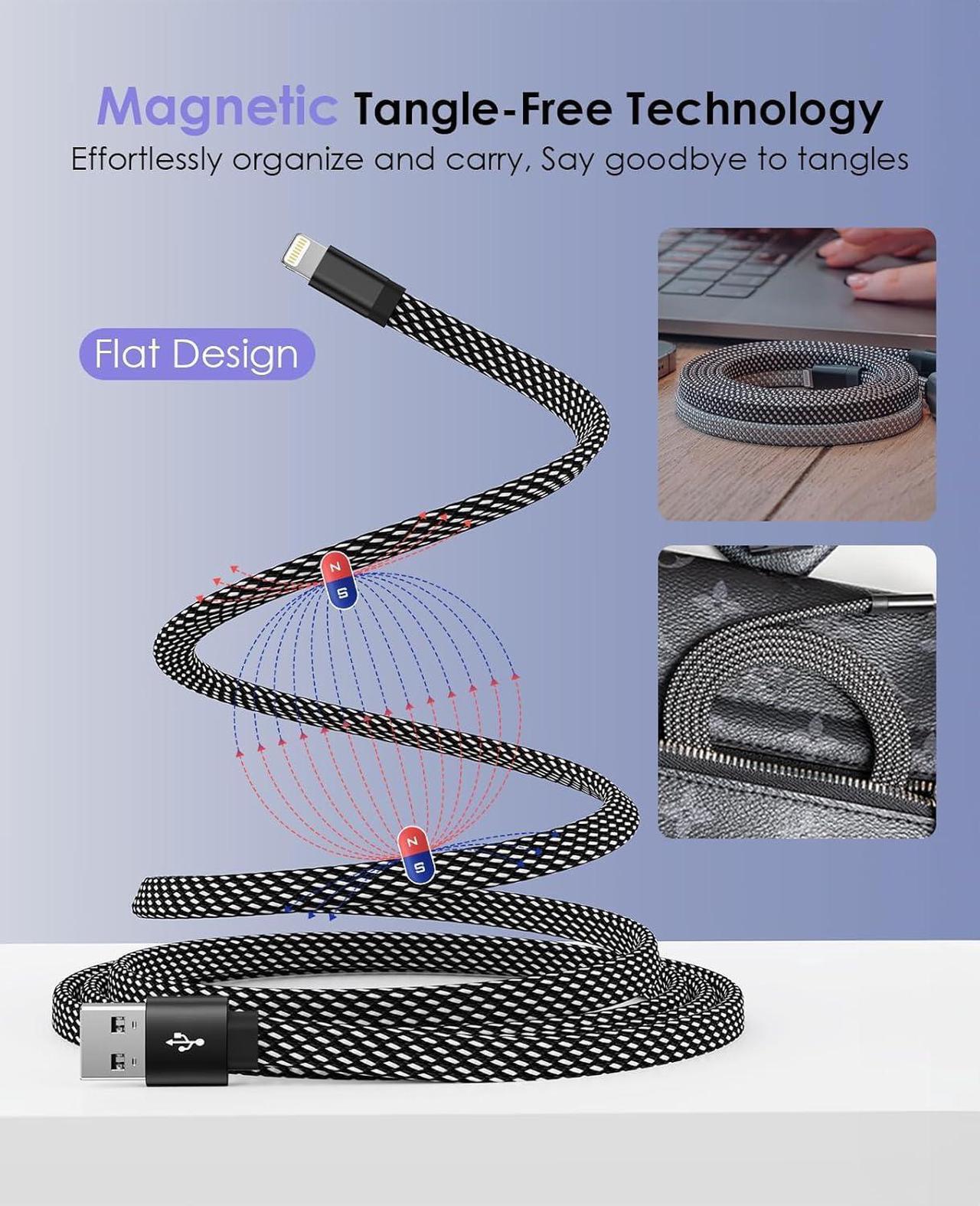 Alt view image 2 of 7 - Magnetic Lightning Cable 3.3ft Coiled iPhone Charger Cord Braided iPhone Charging Cable MFi Certified Compatible with iPhone 14 13 13Pro 12 11 Max XS XR X 8 7 SE Flat