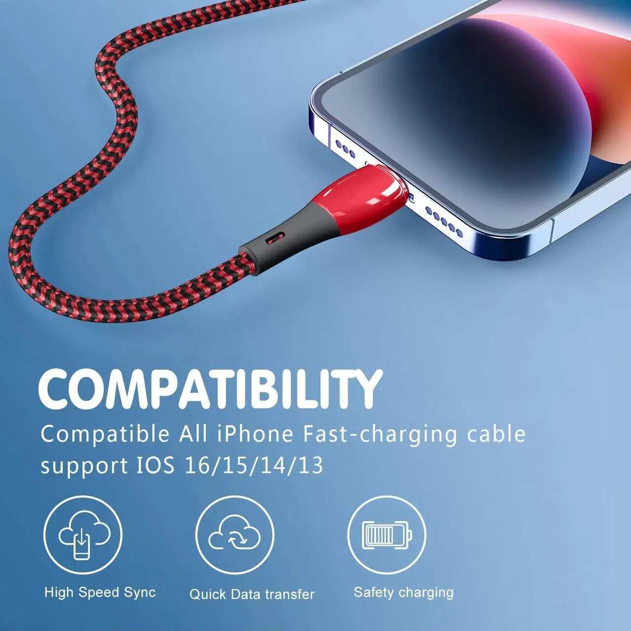 Alt view image 6 of 7 - iPhone Charger 2 Pack 6 ft [Apple MFi Certified] Lightning Cable Nylon Braided Cable Fast Charging Cord Compatible with iPhone 14 13 12 11 Pro Max XR XS X 8 7 6 Plus SE iPad and More (Red&White)
