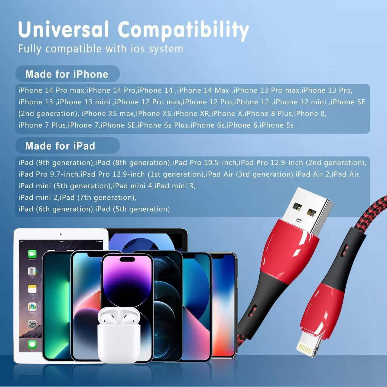Alt view image 7 of 7 - iPhone Charger 2 Pack 6 ft [Apple MFi Certified] Lightning Cable Nylon Braided Cable Fast Charging Cord Compatible with iPhone 14 13 12 11 Pro Max XR XS X 8 7 6 Plus SE iPad and More (Red&White)