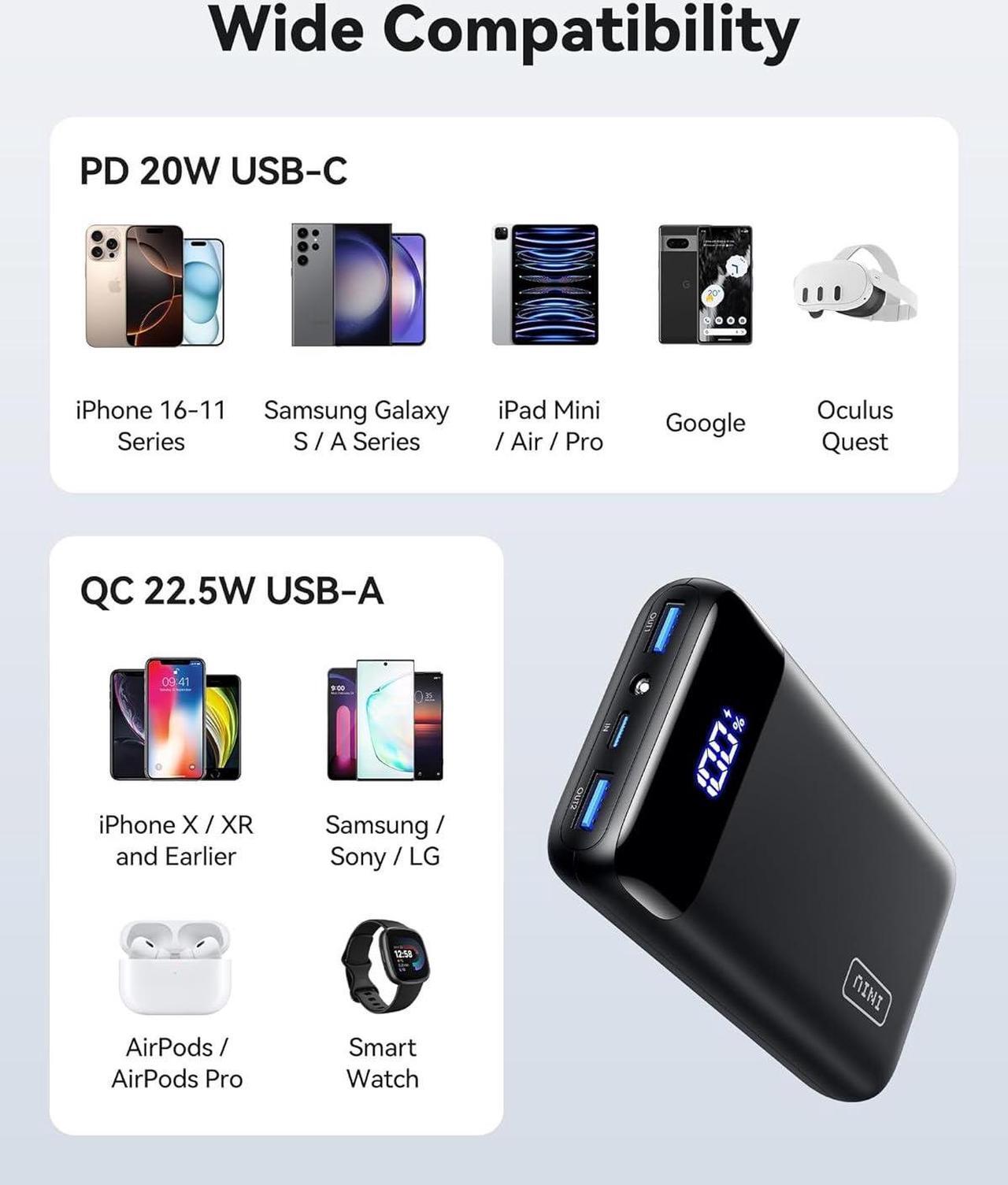 Alt view image 5 of 7 - INIU Portable Charger, 22.5W 20000mAh USB C in & Out Power Bank Fast Charging, PD 3.0+QC 4.0 LED Display Phone Battery Pack Compatible with iPhone 16 15 14 13 Pro Samsung S23 Google iPad Tablet, etc