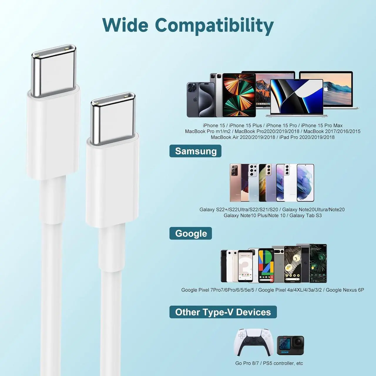 Alt view image 5 of 7 - 60W USB C to USB C Cable [3Pack] iPhone 15 Fast Charging Cable,6ft Long USB-C to USBC Power Cord for iPhone 16/15 Pro Plus Pro Max, MacBook Pro Air/IPad/iPad Pro 12.9/11,AirPods 4(White)