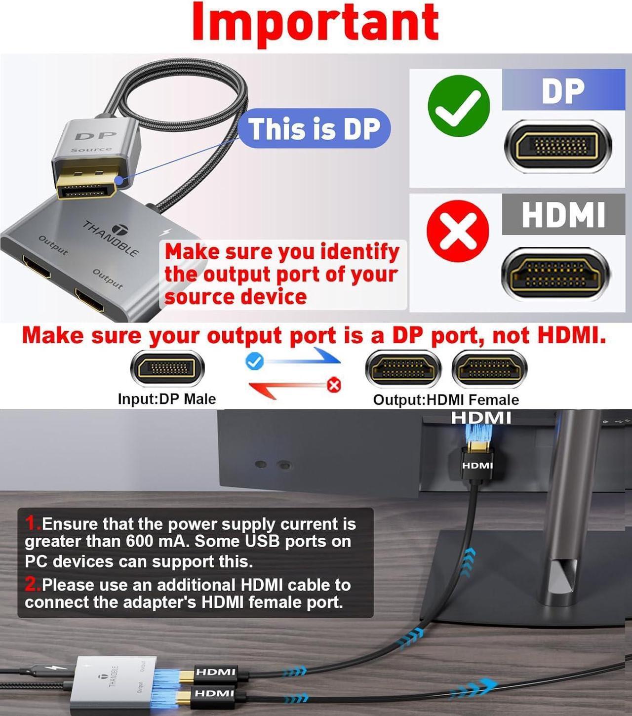 Alt view image 2 of 7 - DisplayPort to Dual HDMI Adapter (4K@60Hz) DP to HDMI Splitter for Dual Monitors Extended Display MST Display Port to HDMI 1 in 2 Out Hub for PC Graphics Card