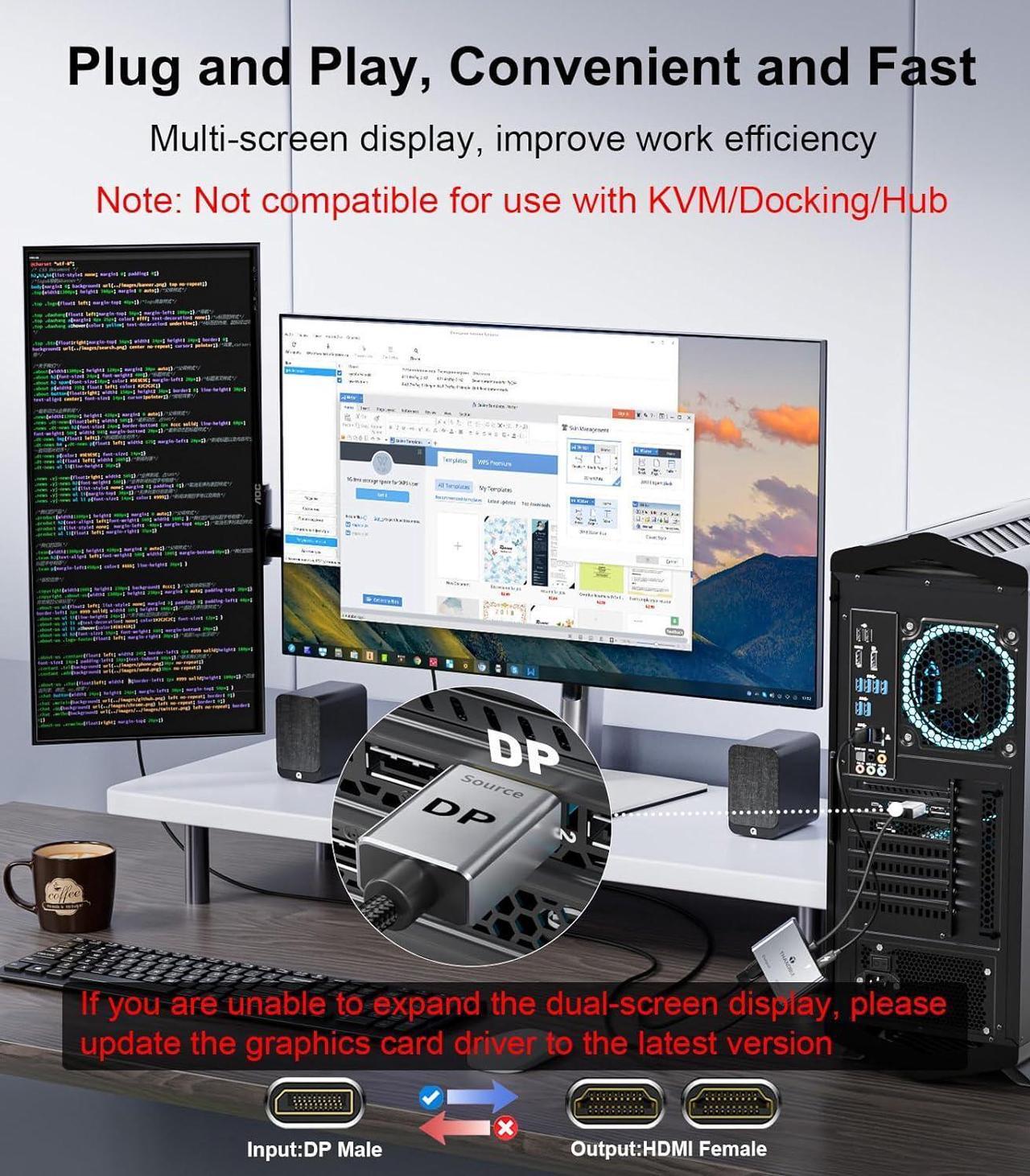 Alt view image 4 of 7 - DisplayPort to Dual HDMI Adapter (4K@60Hz) DP to HDMI Splitter for Dual Monitors Extended Display MST Display Port to HDMI 1 in 2 Out Hub for PC Graphics Card