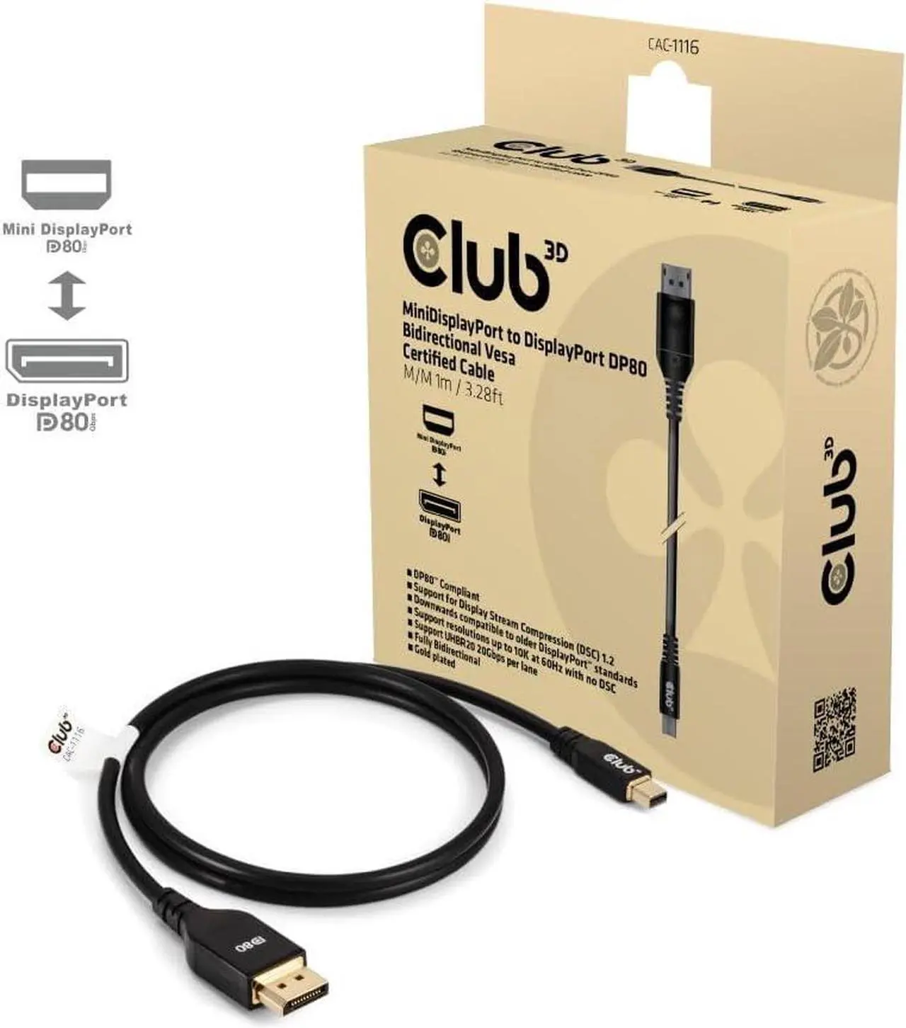 Alt view image 3 of 5 - CAC-1116 Mini DisplayPort to DisplayPort Bi-Directional VESA DP80 Certified Cable M/M 1m/3.28ft