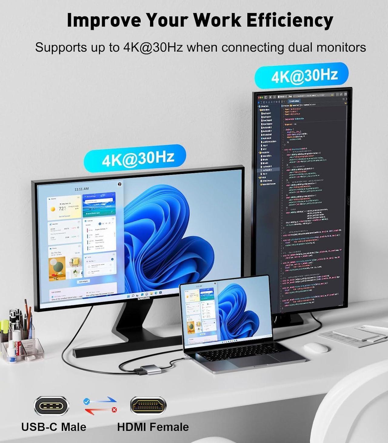 Alt view image 5 of 7 - USB C to Dual HDMI Adapter (4K@60Hz) Type C (Source) to HDMI(Display) Splitter and USB C Converter Supports Extended Display of Dual Monitors for MacBook Yoga Thinkpad  XPS etc