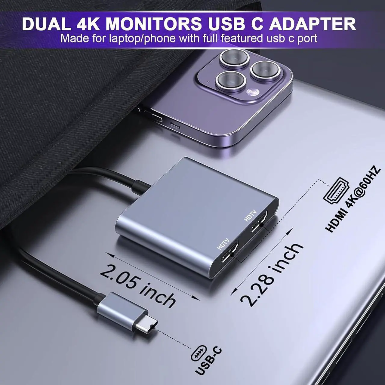 Alt view image 7 of 7 - USB C to Dual HDMI Adapter 4K@60Hz Type C to HDMI Splitter for Dual Monitors USB C to Dual HDMI Hub Extended Display for MacBook Air/Pro  XPS HP Surface Chromebook