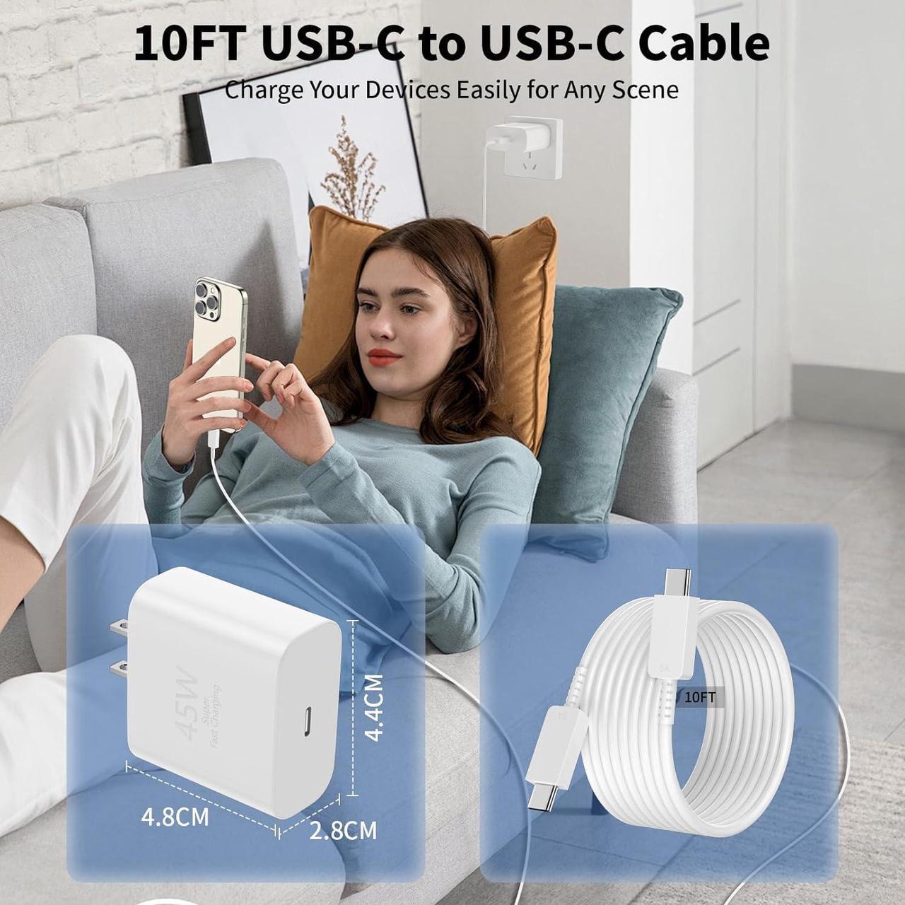 Alt view image 5 of 7 - iPhone 16 Pro Max Charger Fast Charging 45W USB C iPhone 16 Super Fast Charger Block with 10ft Long Type C Charging Cable Cord for iPhone 16/16 Pro/16 Pro Max/16 Plus 15/15 Pro Max/Pro Galaxy S24