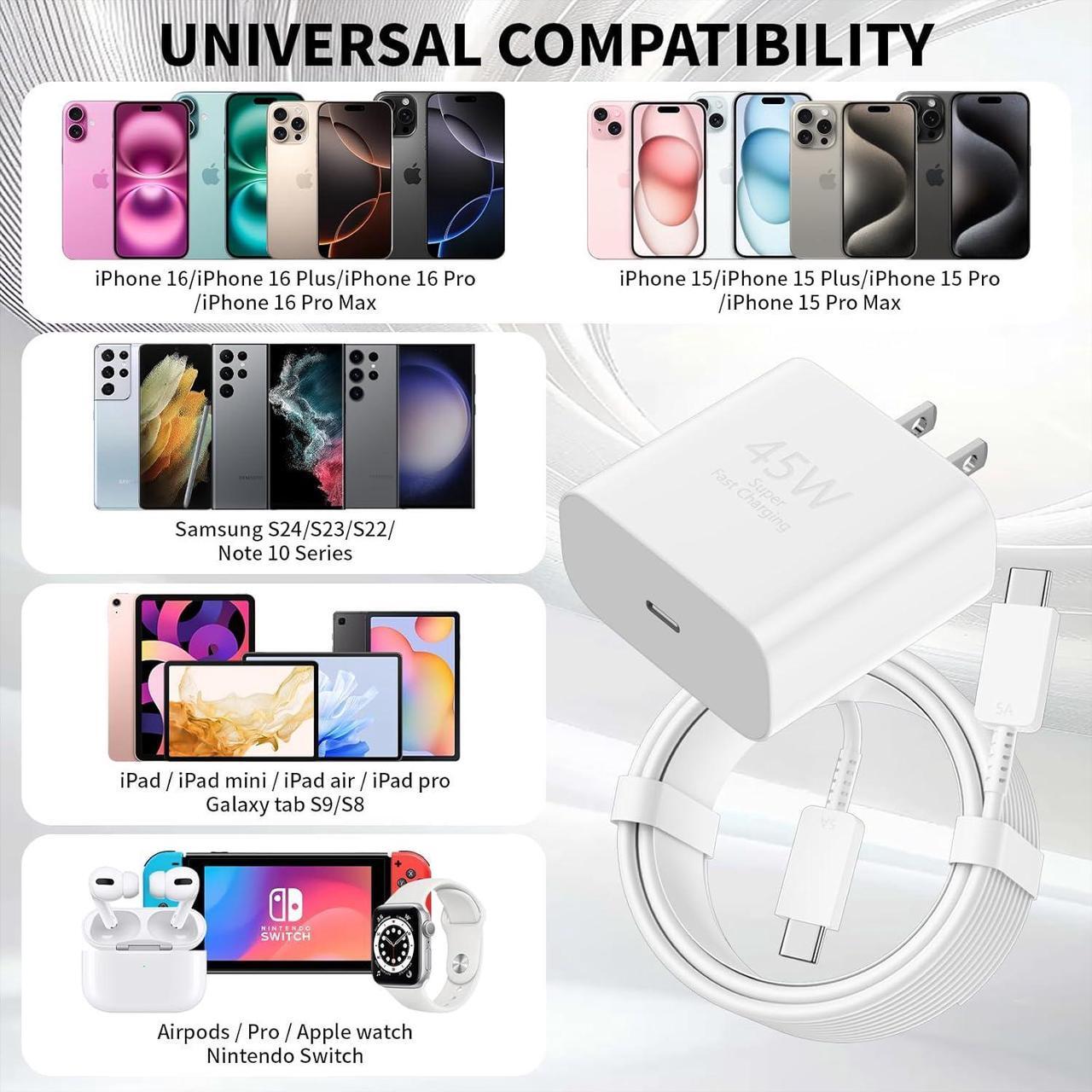 Alt view image 6 of 7 - iPhone 16 Pro Max Charger Fast Charging 45W USB C iPhone 16 Super Fast Charger Block with 10ft Long Type C Charging Cable Cord for iPhone 16/16 Pro/16 Pro Max/16 Plus 15/15 Pro Max/Pro Galaxy S24