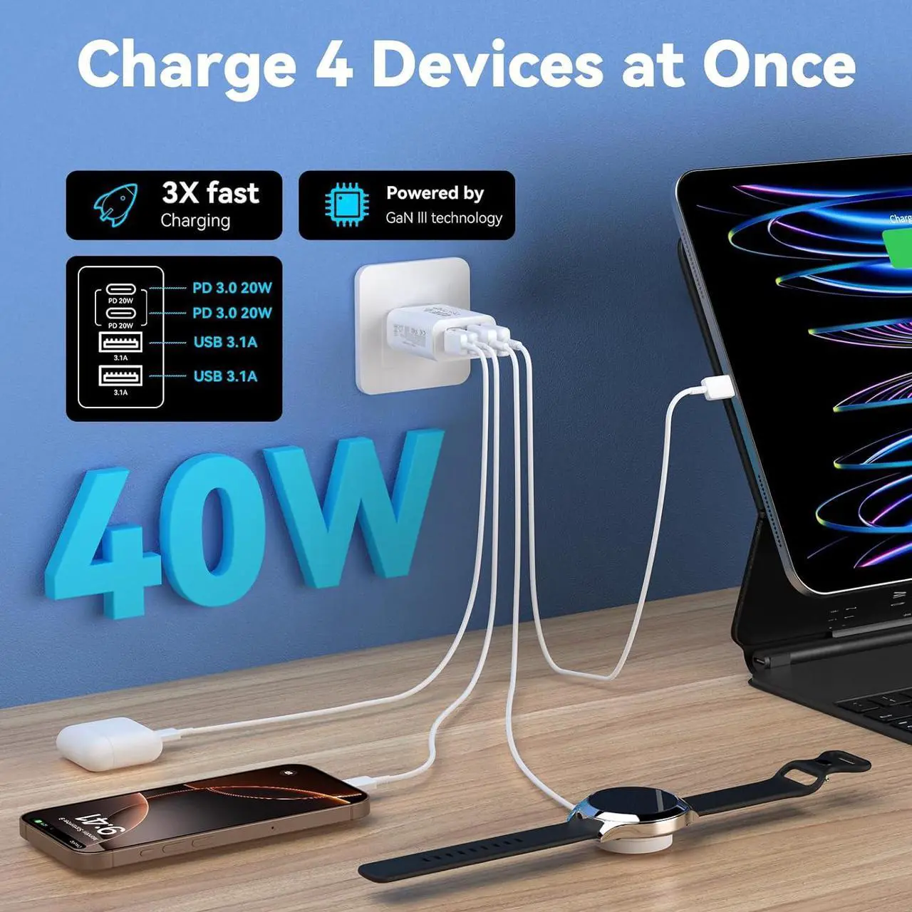 Alt view image 2 of 6 - USB C Charger Block 2Pack 40W 4 Ports Type C Charger Fast Phone Charging Cubes PD USBC Wall Plug+QC 3.0 USB A Charger Power Brick Box for iPhone 16/15/14/13/12/11 Pro Max iPad  Galaxy Pixel