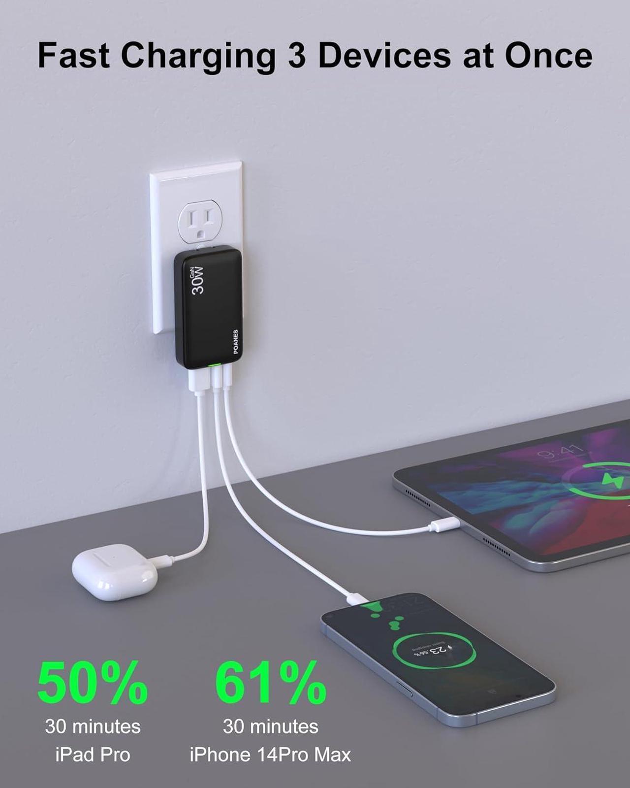 Alt view image 2 of 7 - Flat USB C Wall Charger 30W 3 Ports Ultra-Slim PD Block Fast Charging USB C Wall Charger with Foldable Plug for iPad/Pro iPhone 15/14/13/XR/Pro Max Galaxy S23 S22 etc (Black-30W)