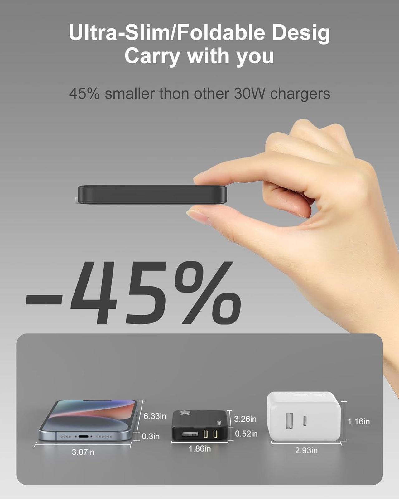 Alt view image 3 of 7 - Flat USB C Wall Charger 30W 3 Ports Ultra-Slim PD Block Fast Charging USB C Wall Charger with Foldable Plug for iPad/Pro iPhone 15/14/13/XR/Pro Max Galaxy S23 S22 etc (Black-30W)