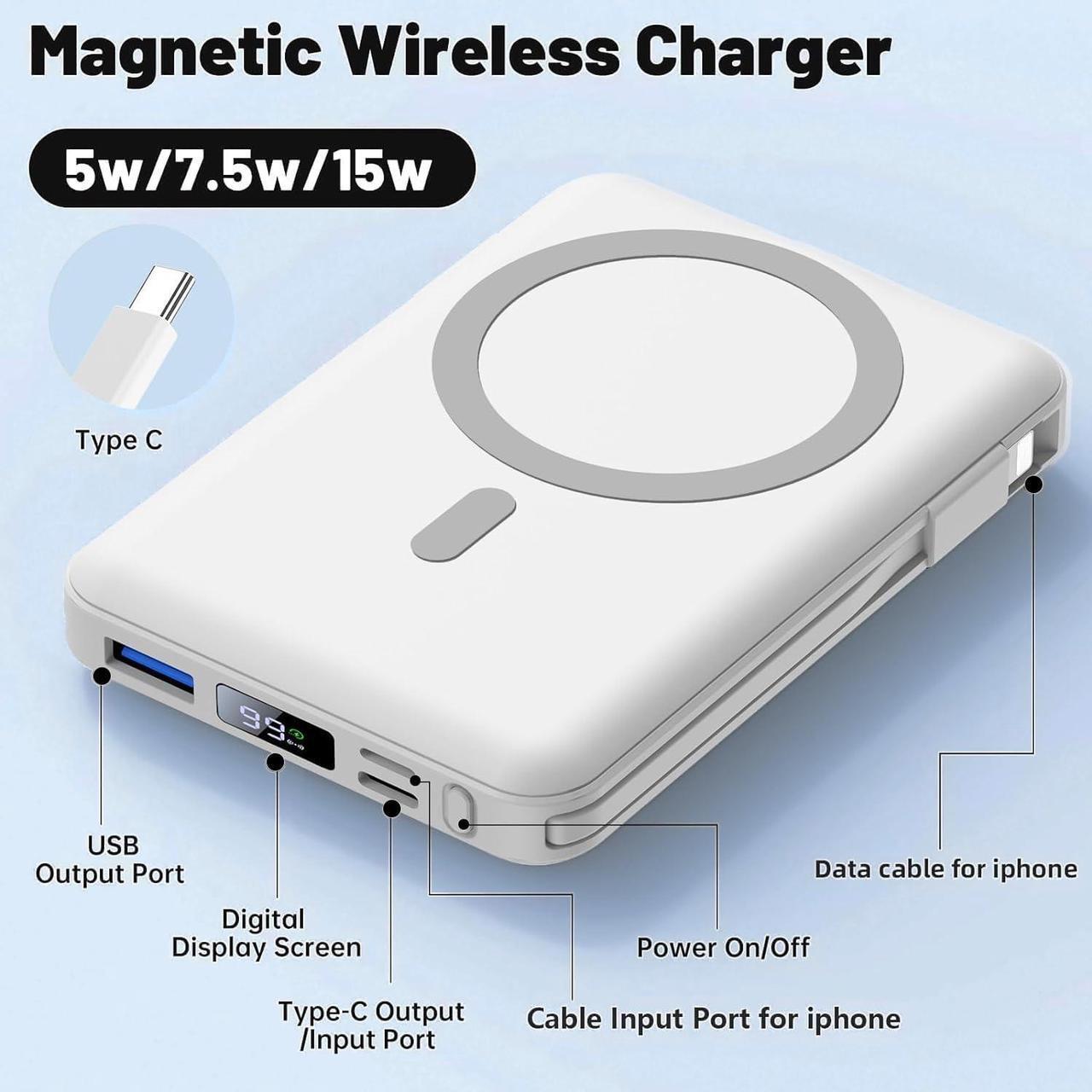 Alt view image 2 of 7 - for Magsafe Battery Pack 10000mAh Magnetic Power Bank 22.5W PD Fast Charging with USB-C Cable LED Display Wireless Portable Charger with Stand for iPhone 16/15/14/13/12/Pro (White)