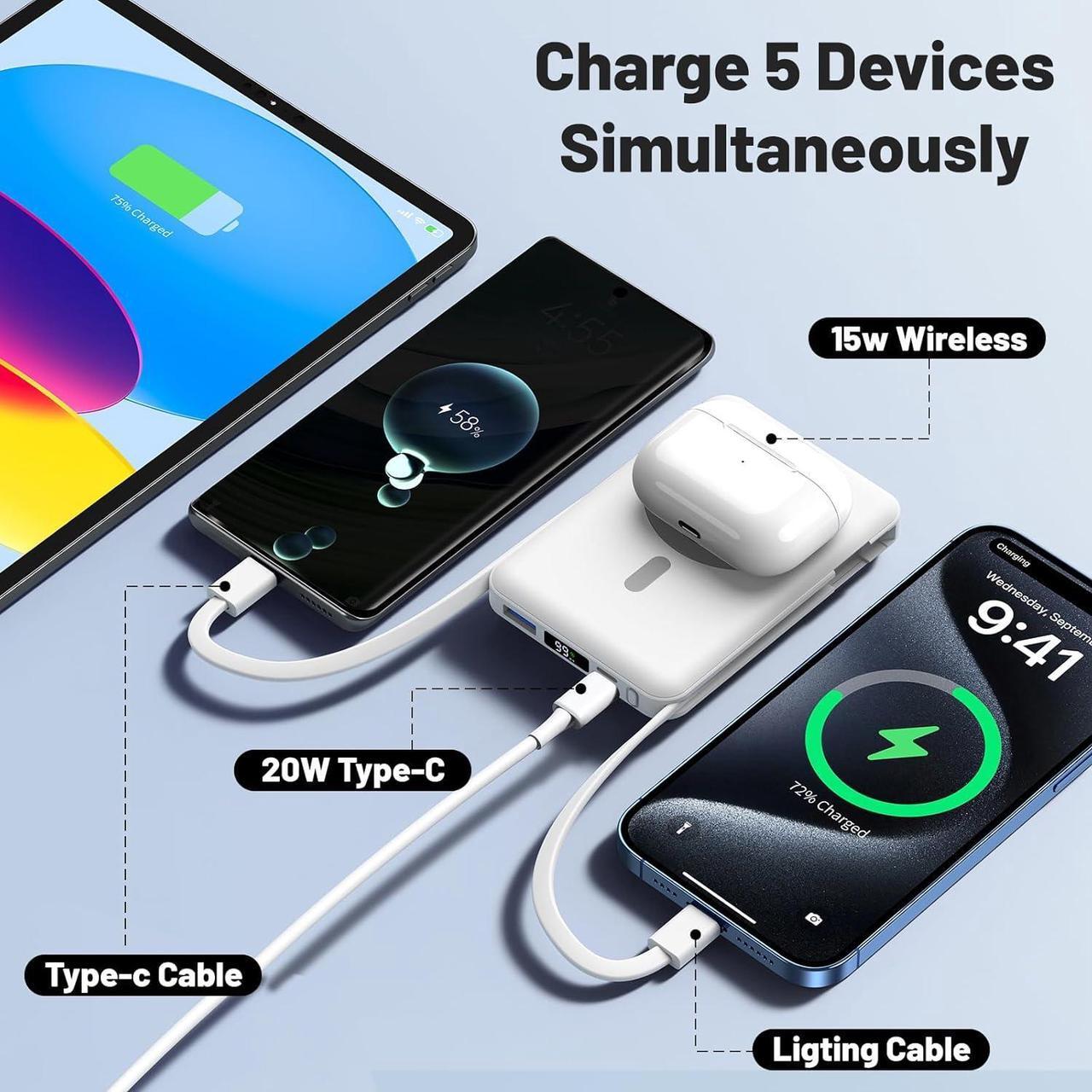 Alt view image 6 of 7 - for Magsafe Battery Pack 10000mAh Magnetic Power Bank 22.5W PD Fast Charging with USB-C Cable LED Display Wireless Portable Charger with Stand for iPhone 16/15/14/13/12/Pro (White)