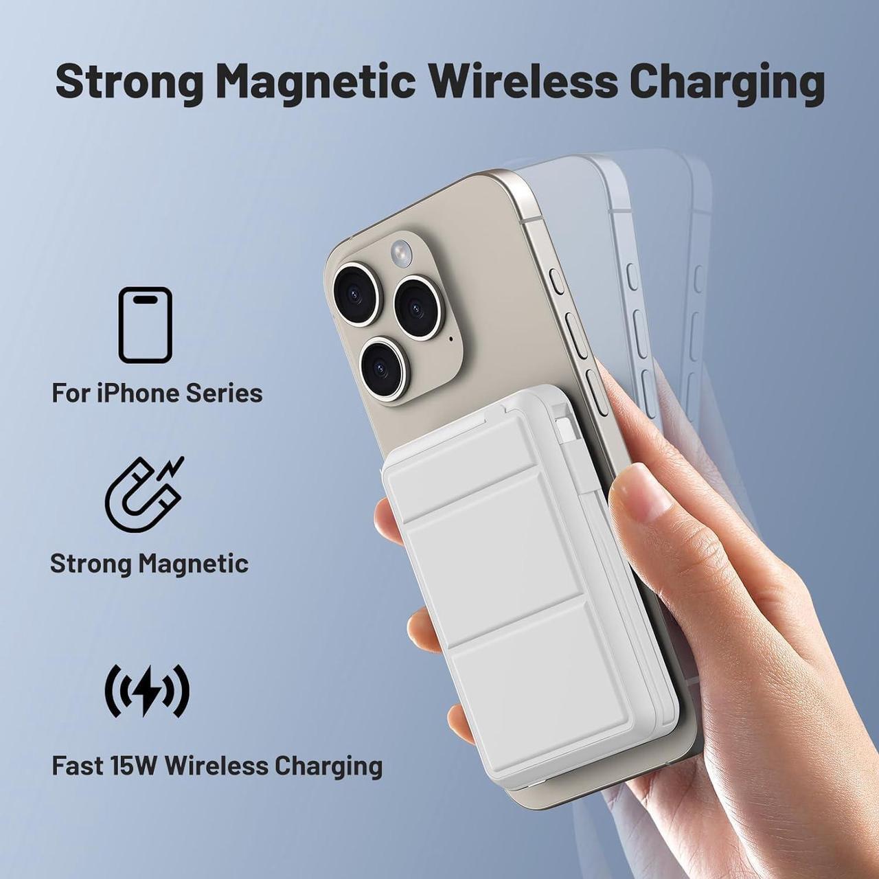 Alt view image 5 of 7 - for Magsafe Battery Pack 10000mAh Magnetic Power Bank 22.5W PD Fast Charging with USB-C Cable LED Display Wireless Portable Charger with Stand for iPhone 16/15/14/13/12/Pro (White)