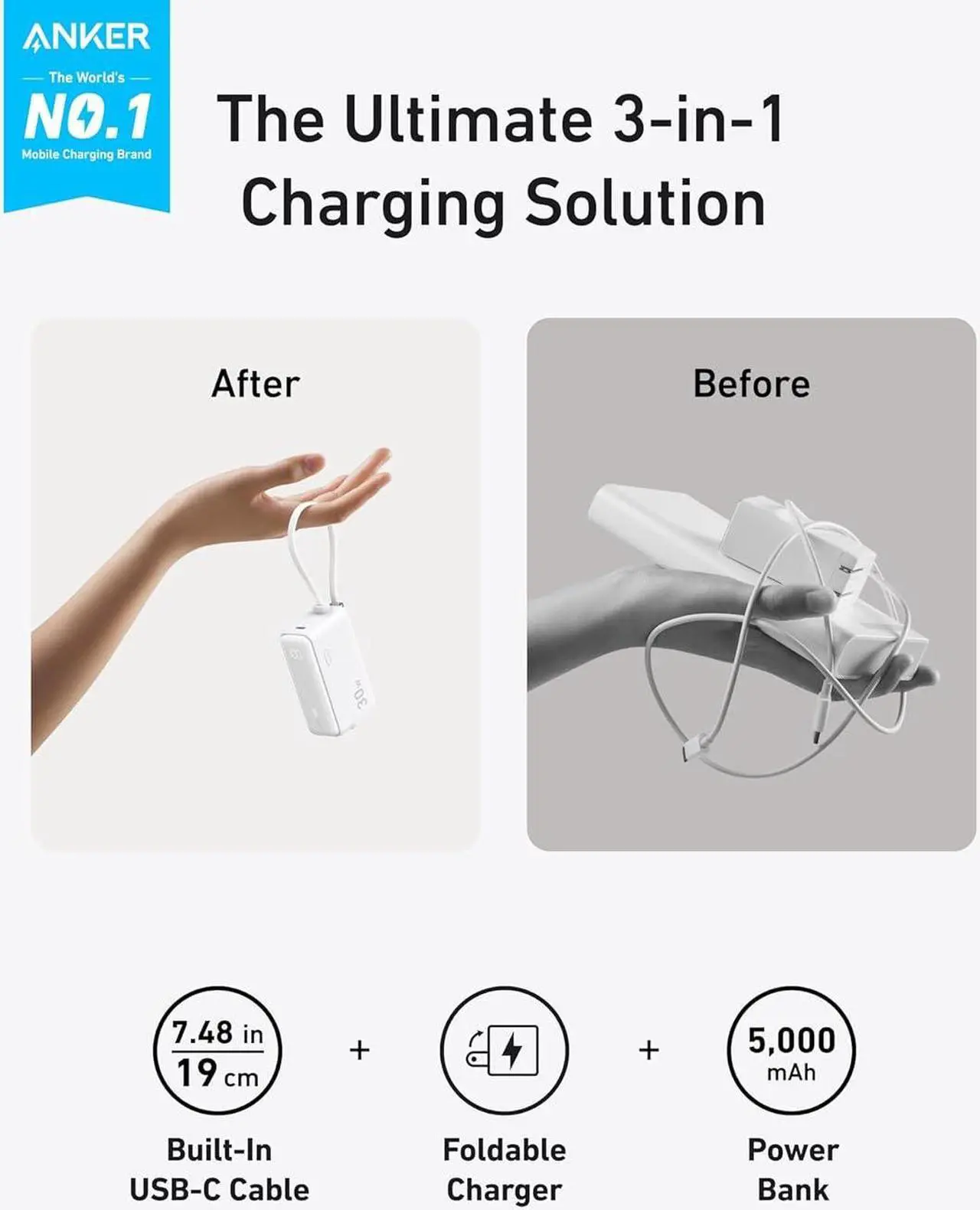 Alt view image 2 of 6 - Power Bank USB C Charger Block 3-in-1 5 000mAh Portable Charger with Built-in USB-C Cable and Foldable AC Plug 30W Max Compact Battery Pack for iPhone 15 Series Galaxy MacBook and More
