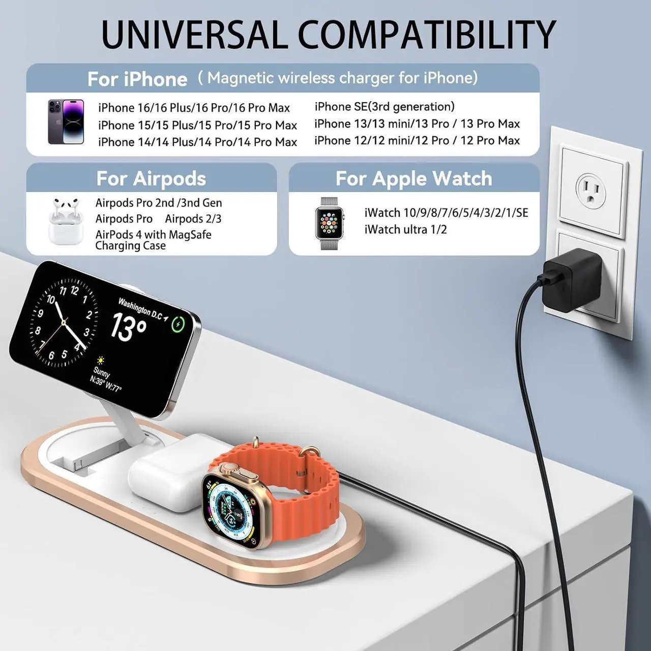 Alt view image 2 of 7 - 3 in 1 Wireless Charger for iPhone Foldable Charging Station for Magsafe for iPhone 16/15/14/13/12/Pro Max/Pro/Mini/Plus Apple Watch 10/9/8/7/SE/6/5/4/3/2/1/Ultra2/Ultra /2/3/4 (Golden)